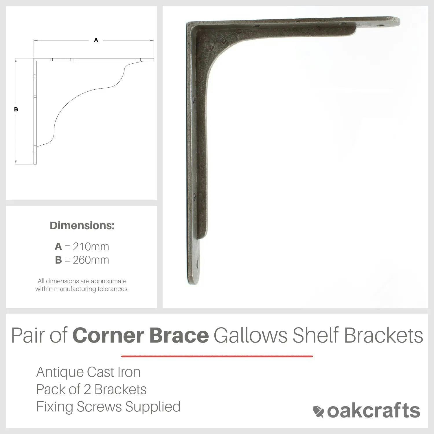 Oakcrafts Pair Of Corner Brace Gallows Style Antique Cast Iron Shelf Brackets - 230Mm X 280Mm - Image 2