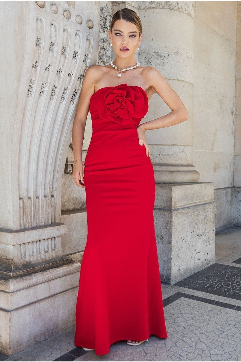 Goddiva Red Scuba Crepe Bandeau Rose Maxi Dress - By - 14