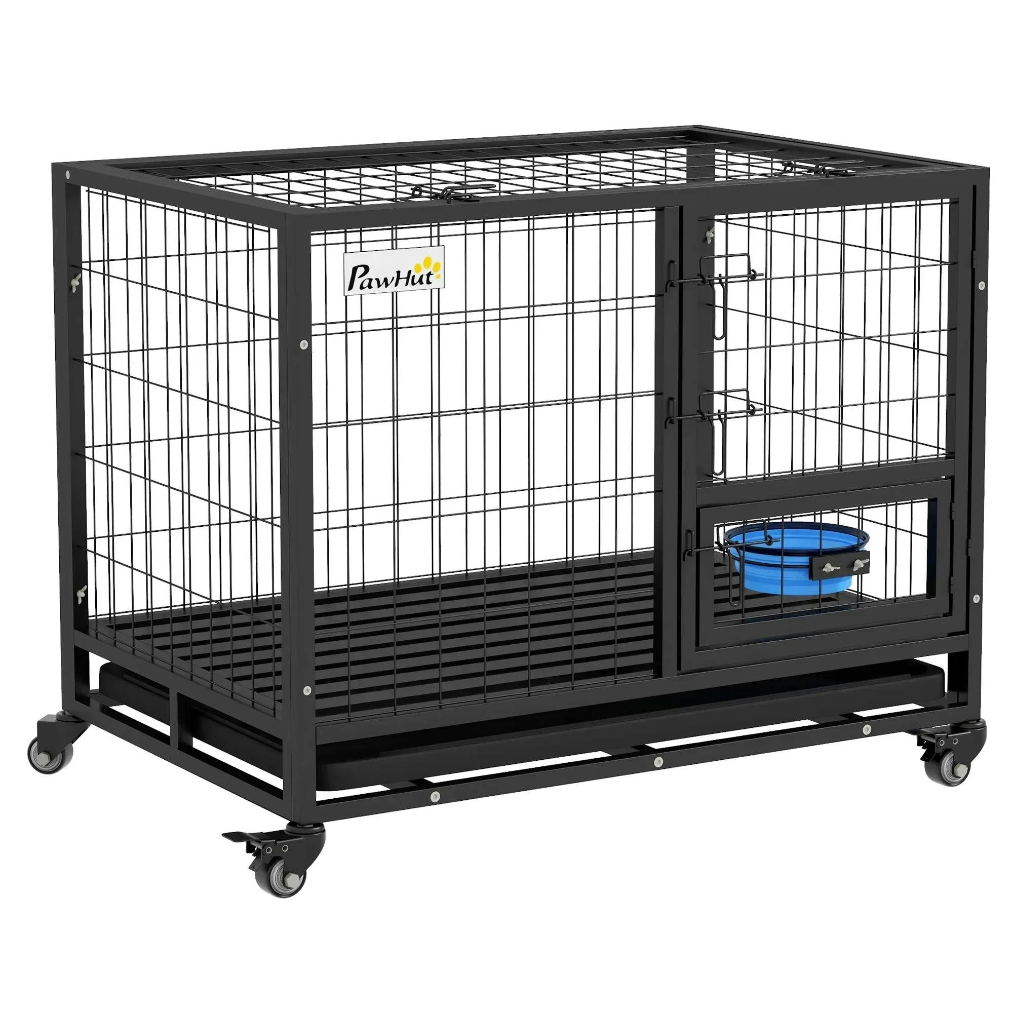 Pawhut Black 36" Heavy Duty Dog Crate On Wheels W/ Bowl Holder, Removable Tray In - Image 4