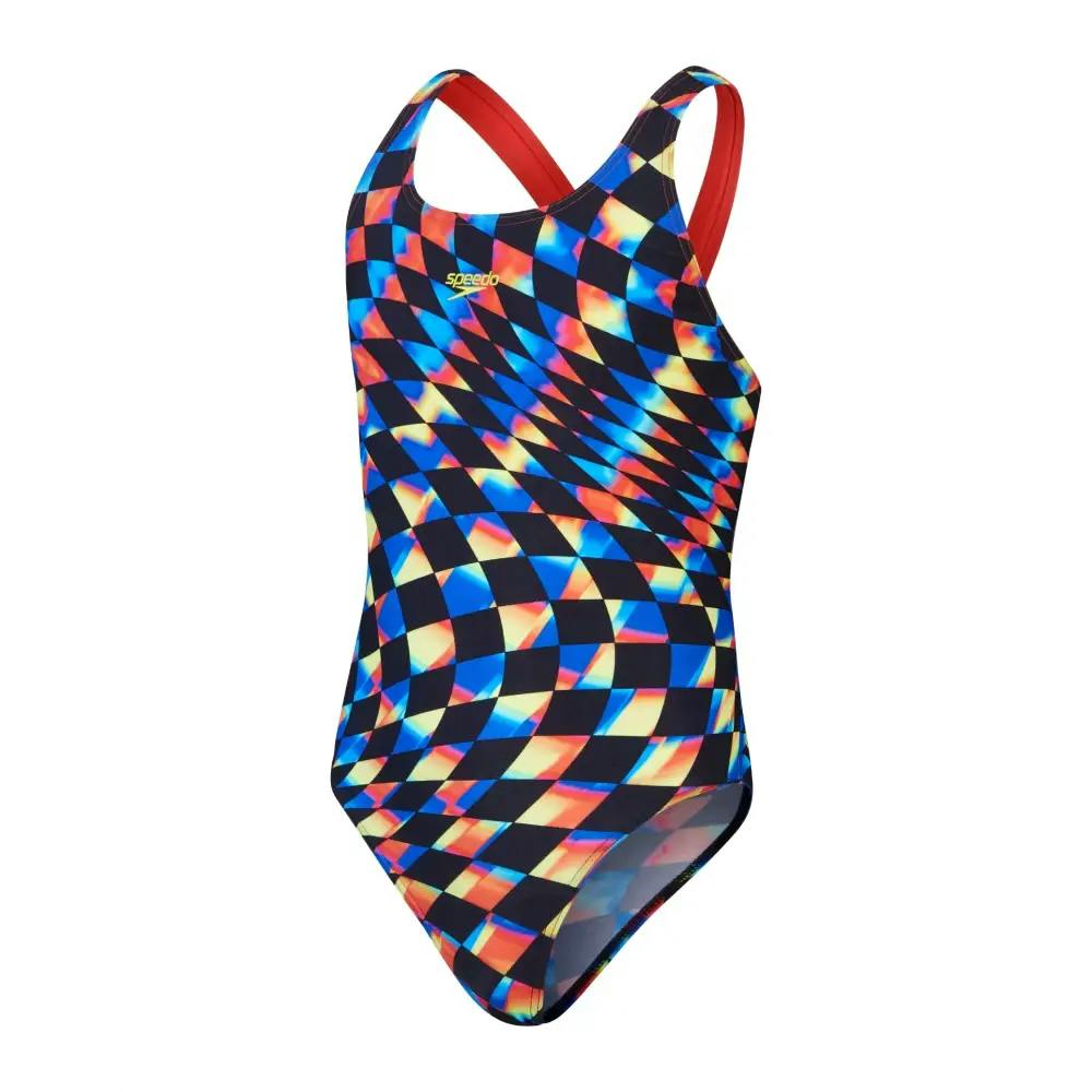 Speedo Girls Black/Red Digital Allover Leaderback Swimsuit - Age 5-6