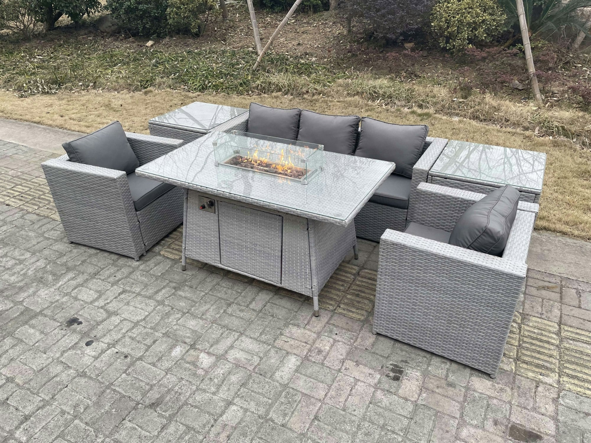 Rackhams Light/Grey Corner Rattan Garden Furniture Set Gas Fire Pit Heater Burner Lounge Sofa With 2 Side Coffee Table And Armchairs