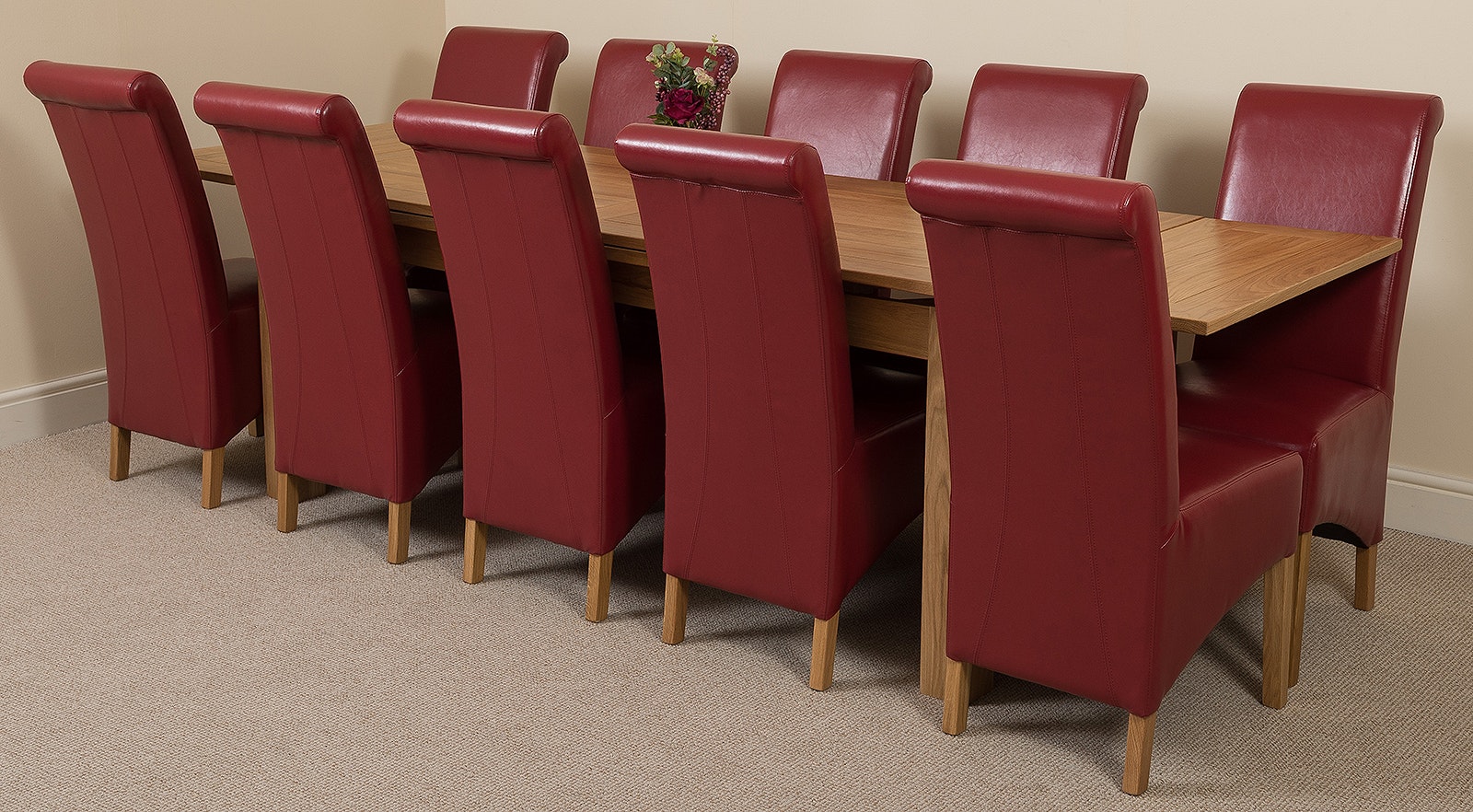 That's Furniture Burgundy Richmond Oak Extending Dining Table With Montana Leather Chairs - 10 Chairs Large