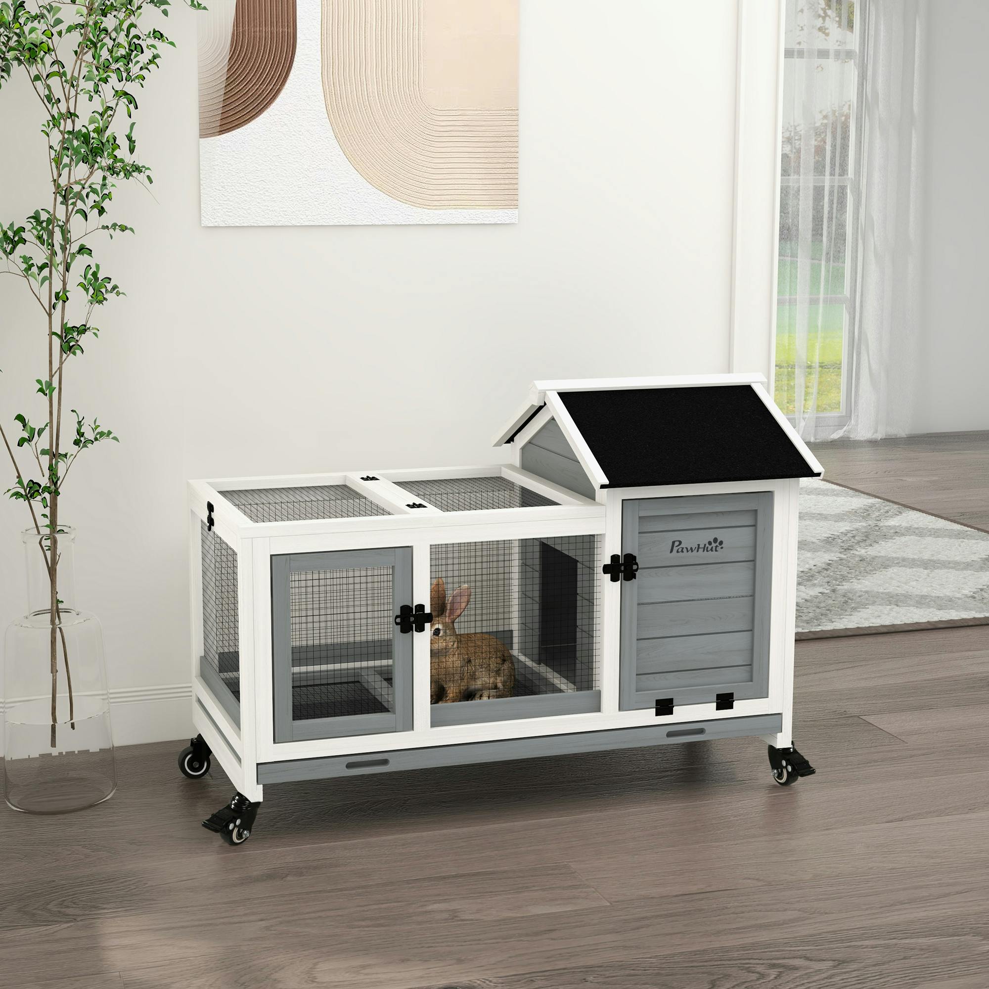 Pawhut Grey Wooden Rabbit Hutch, Small Animal House W/ Wheels, Removable Tray