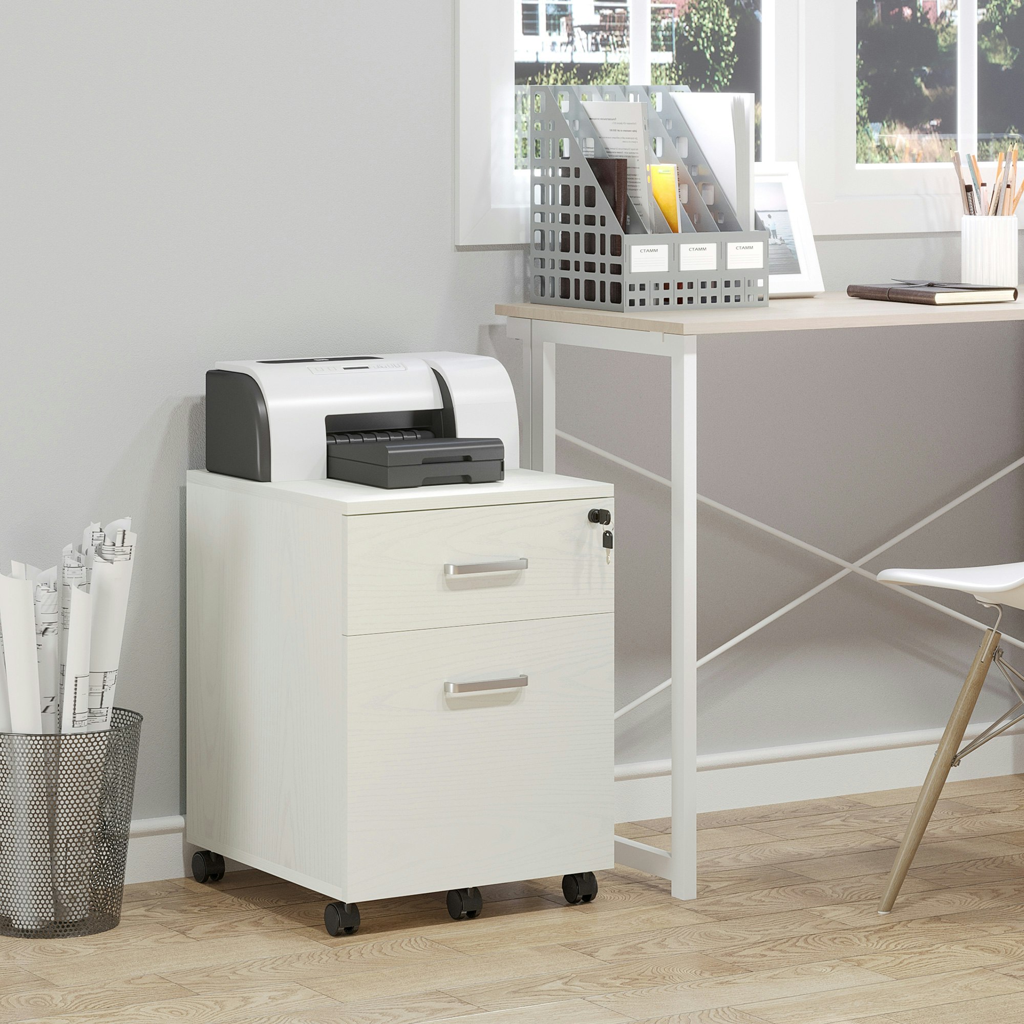 Rackhams White 2-Drawer Locking Office Filing Cabinet 5 Wheels Rolling Storage Oak