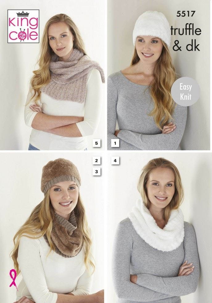 King Cole Women's Merino Blend Dk & Truffle Knitting Pattern 5517, Headwear, Scarves For One Size - Easy