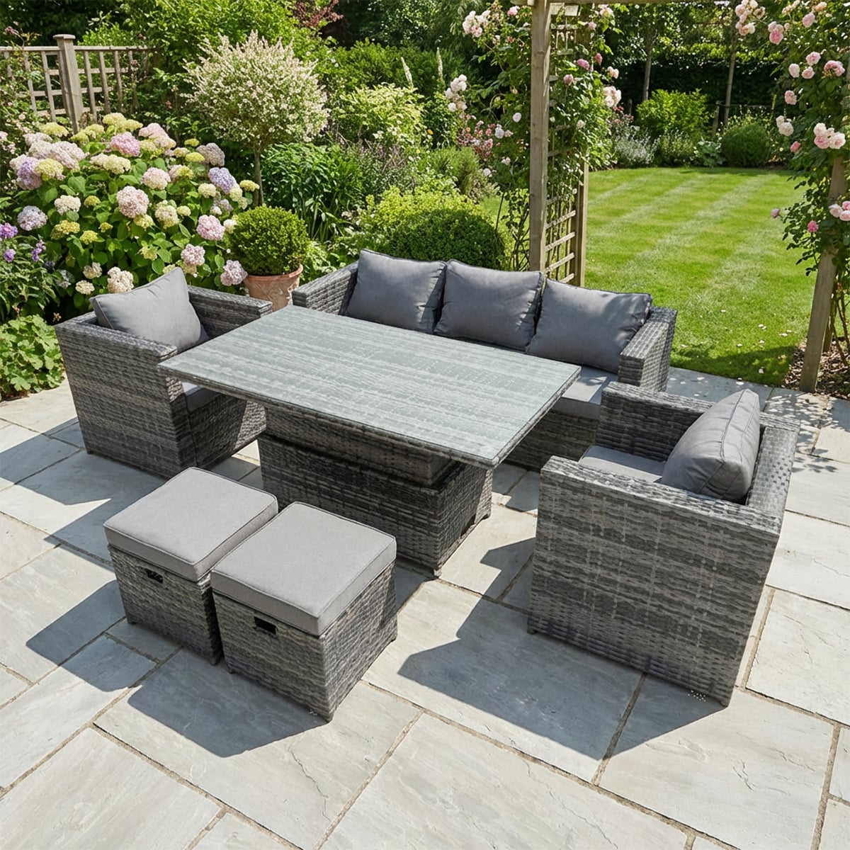 Rackhams Dark/Grey Rattan Garden Furniture Set Rising Adjustable Lifting Dining Table Lounge Sofa Set With Foostools Mixed