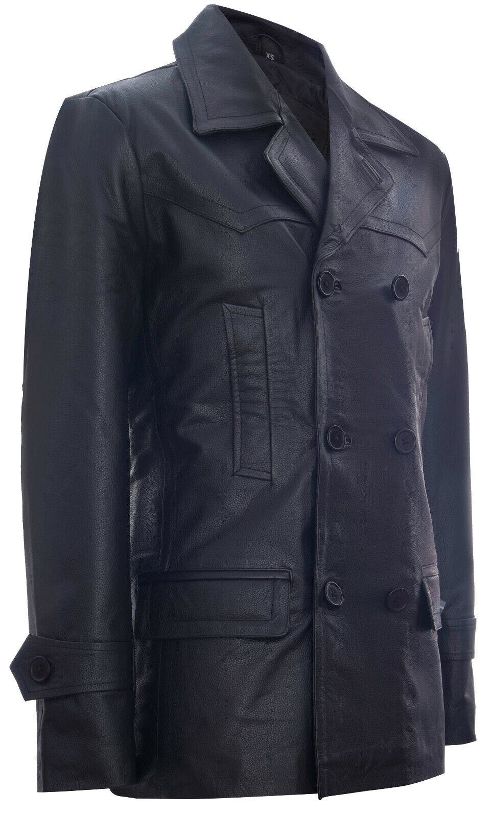 Infinity Leather Men's Brown Cow Hide Dr Who Naval German Pea Coat Leather Jacket - Uk Xs | Eu 44 | Us 34