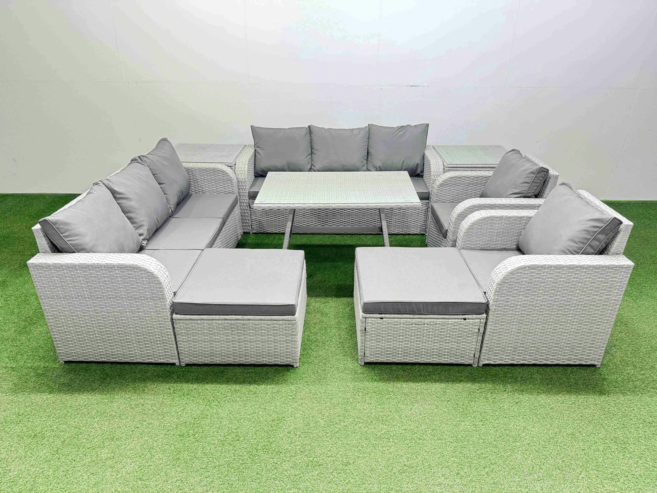 Fimous Light/Grey Rattan High Back Lounge Sofa Set Patio Dining Table & Chairs Set With 3 Seater Sofa 2 Reclining Chairs 2 Side Tables 2 Big Stool