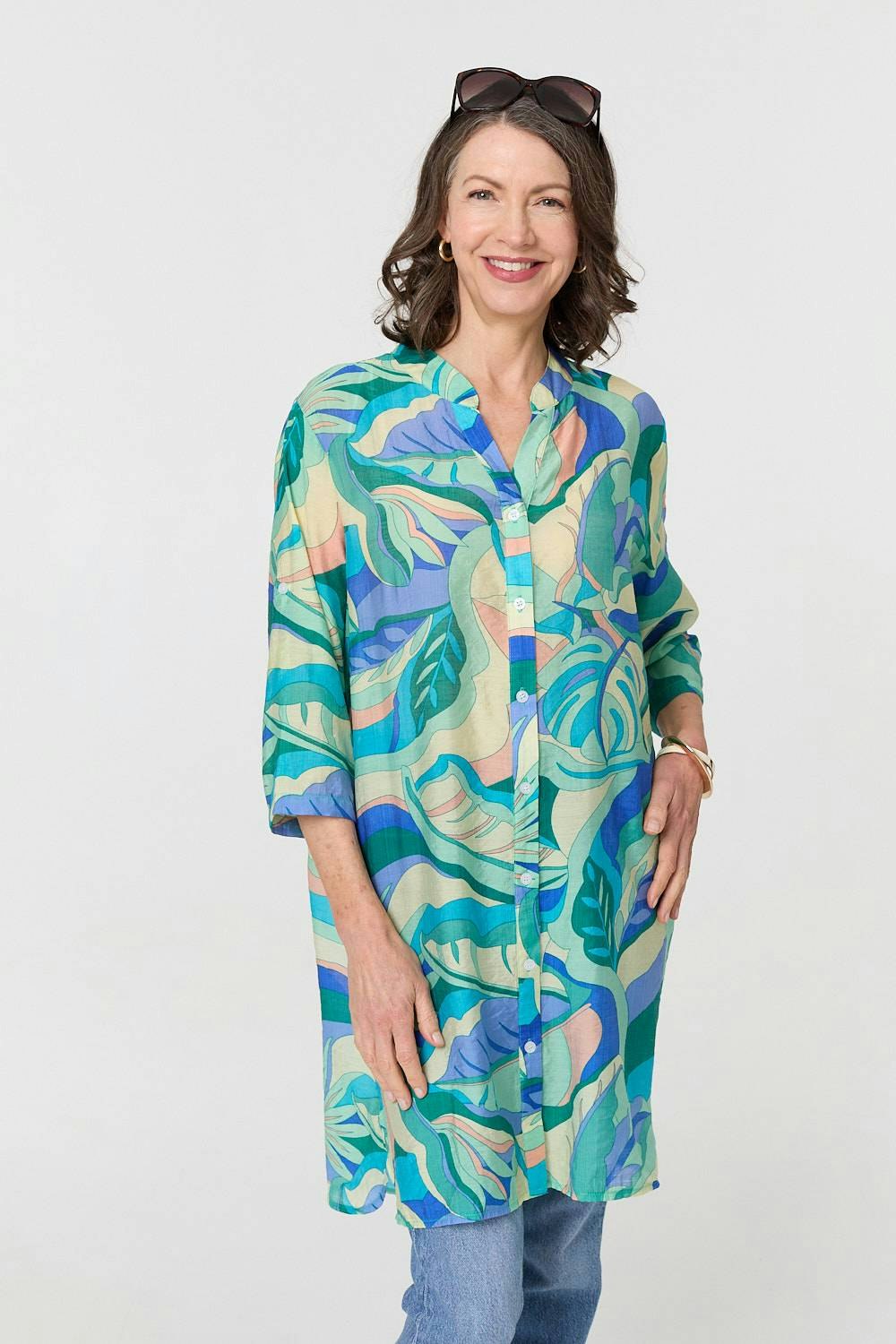 Izabel London Green Abstract Longline Relaxed Tunic Shirt - 16