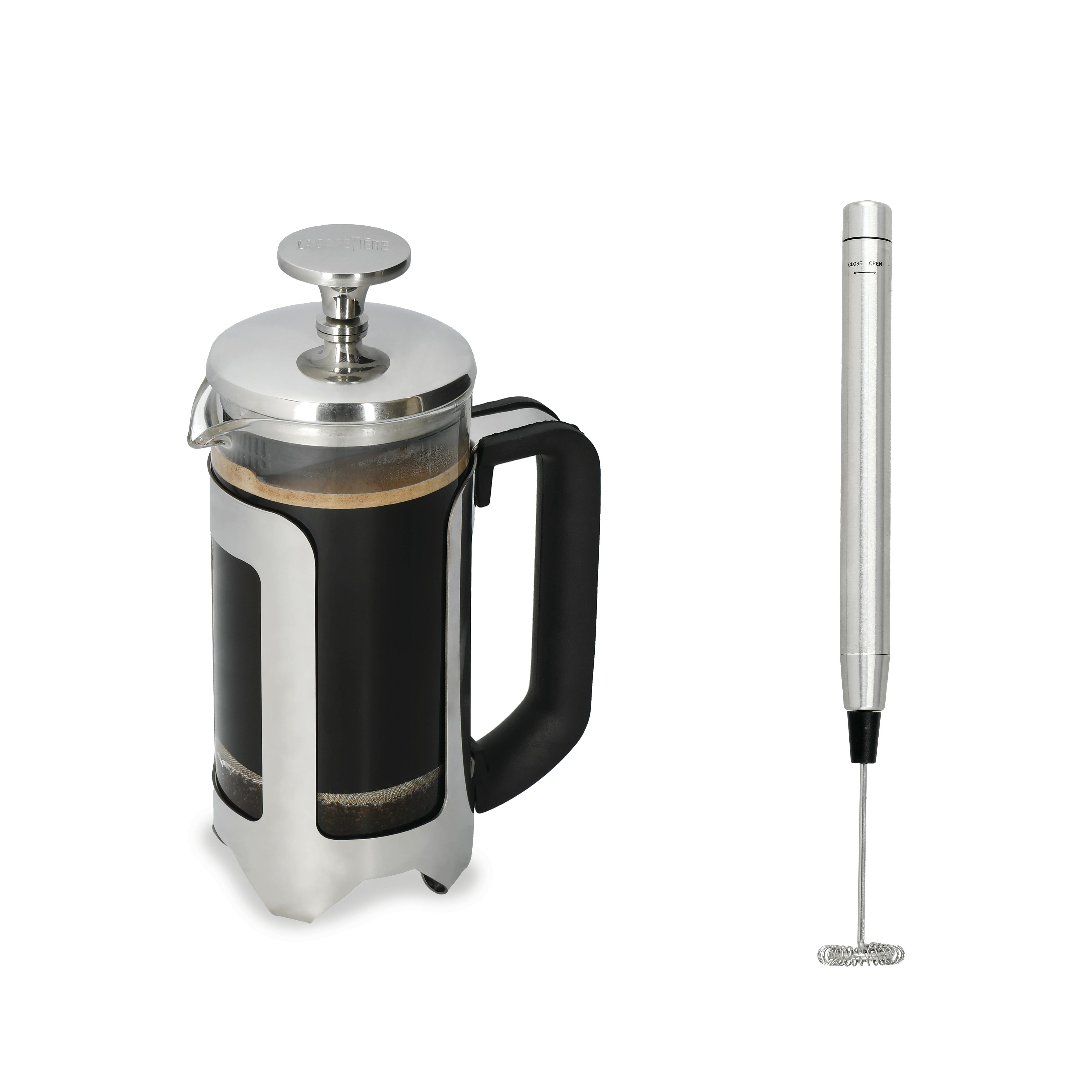 Rackhams Silver Roma 3 Cup 350Ml Stainless Steel Cafetière And Handheld Battery Operated Portable Coffee Frother Set - Stainless Steel Frame With Borosilicate Glass Beaker