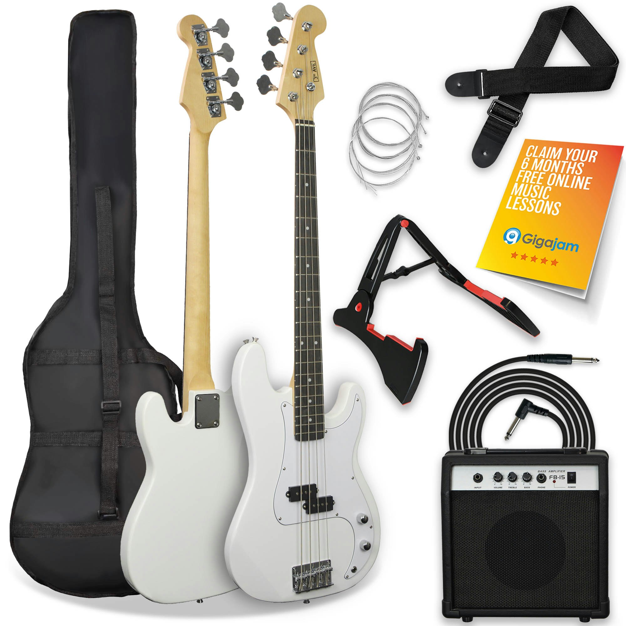 3Rd Avenue White Electric Bass Guitar Pack