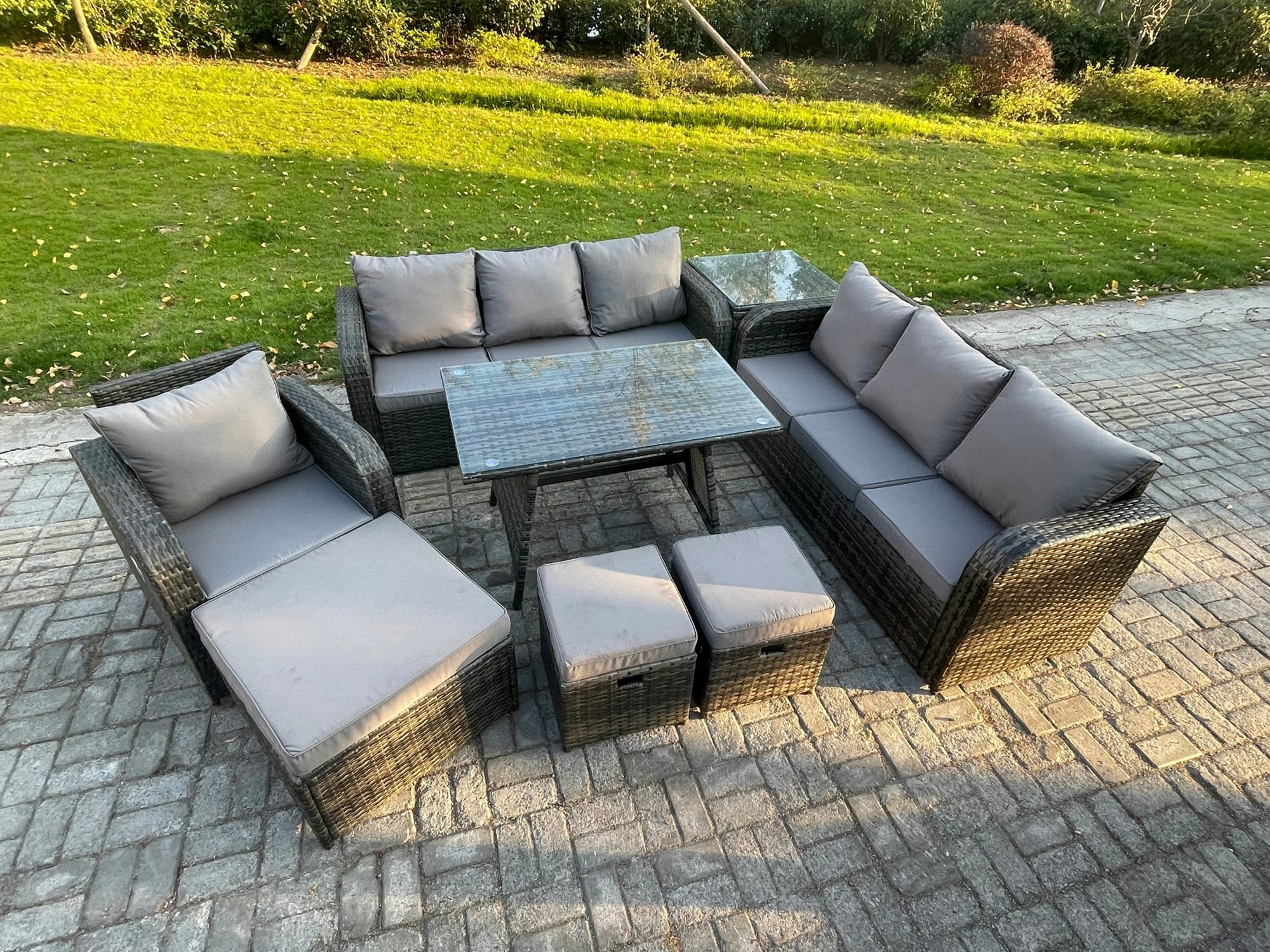 Rackhams Dark/Grey Wicker 8 Pieces Rattan Garden Furniture Sofa Set With Rectangular Dining Table Armchair 3 Footstools Side Table Mixed