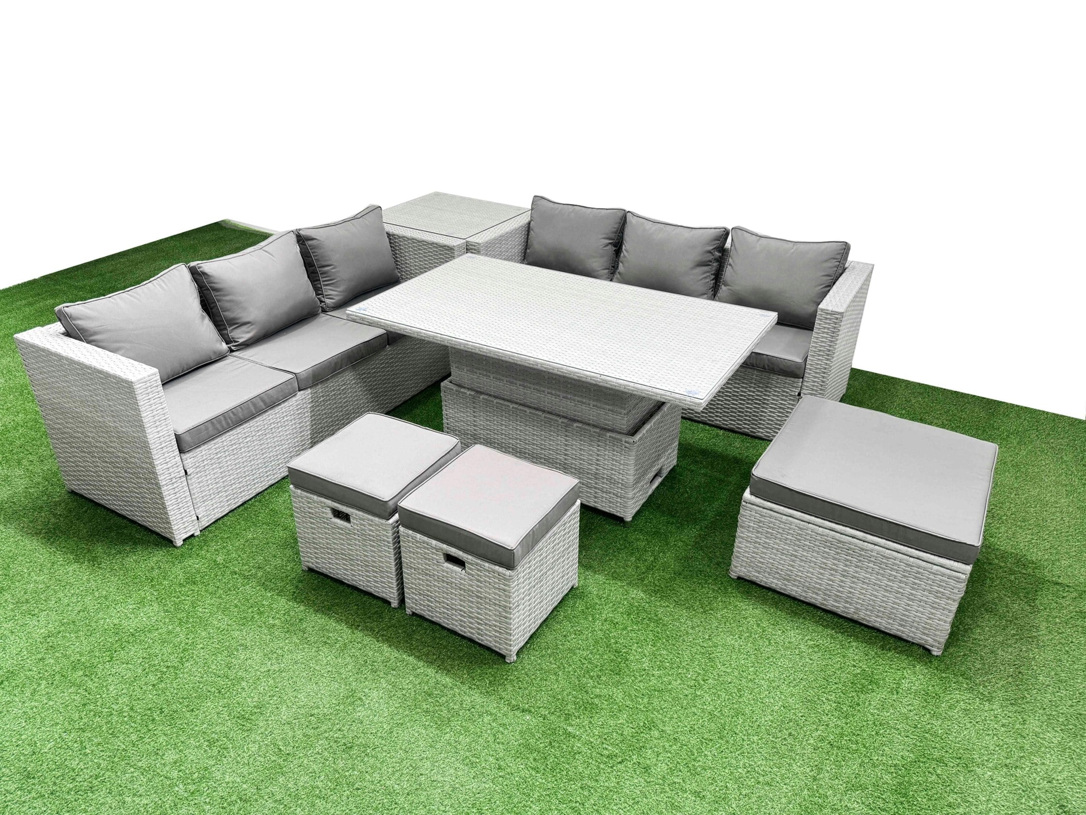Fimous Light/Grey 7 Pcs Rising Dining Table Set Rattan Furniture Set With 3 Seater Sofa 3 Footstools Side Table