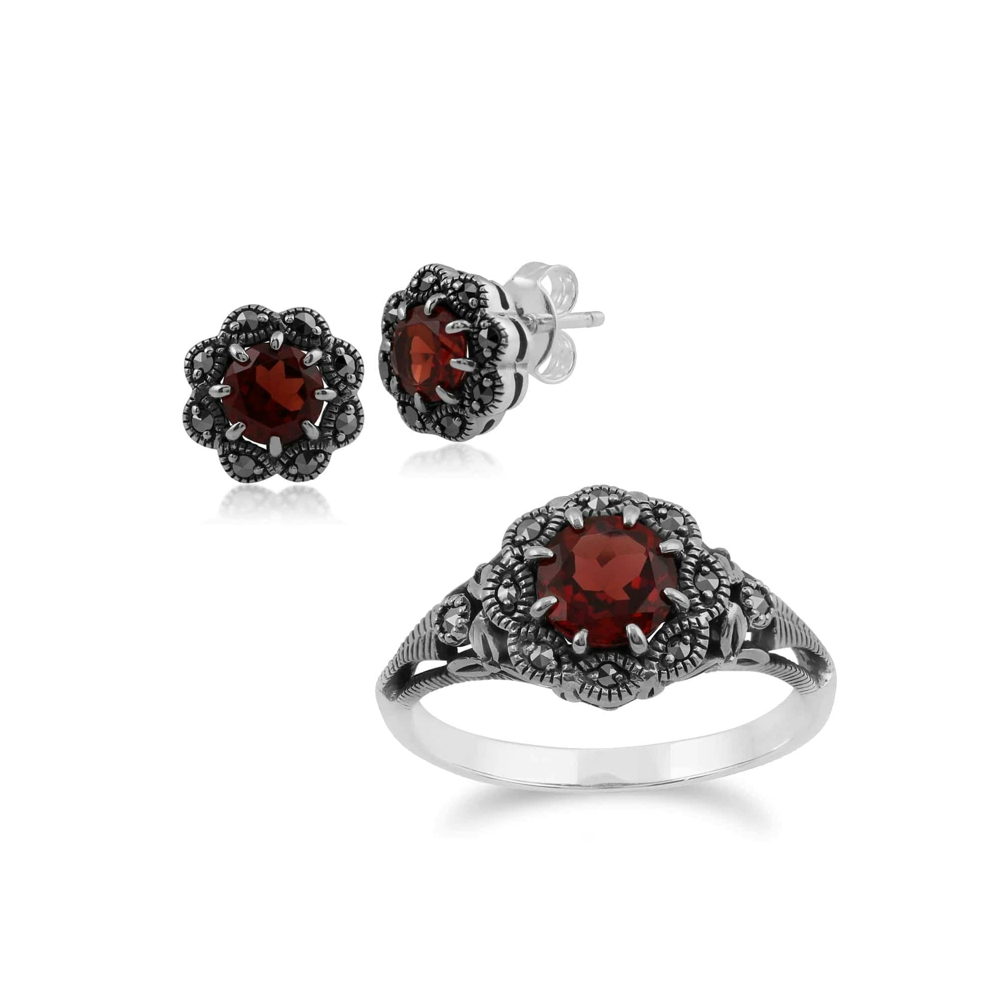 Gemondo Silver Art Nouveau Style Round Garnet & Marcasite Floral Stud Earrings & Ring Set In 925 Sterling - N