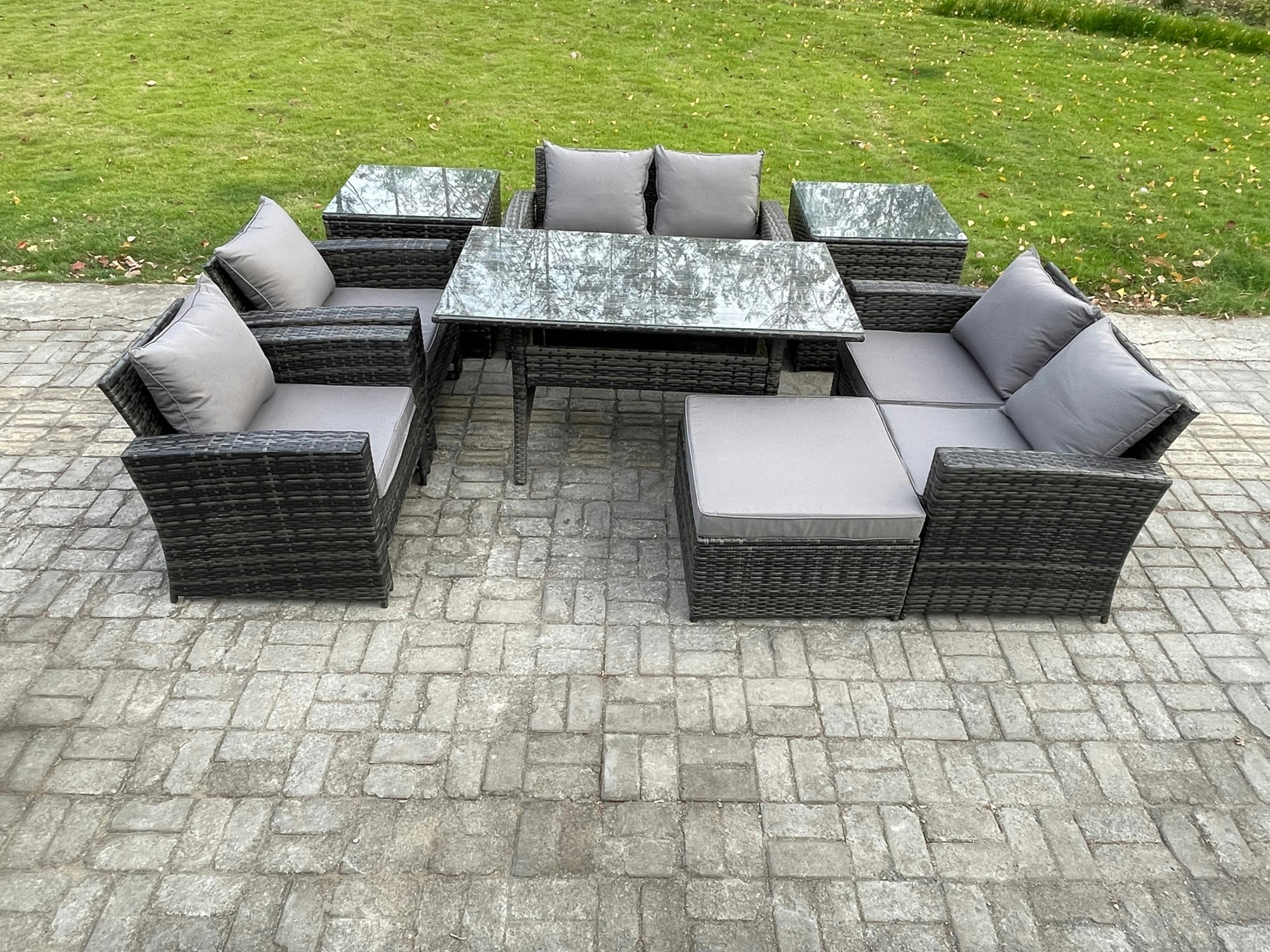 Rackhams Dark/Grey Rattan Garden Furniture Set Patio Outdoor Lounge Sofa Set With Oblong Dining Table Double Seat Sofa 2 Side Tables Big Footstool Mixed