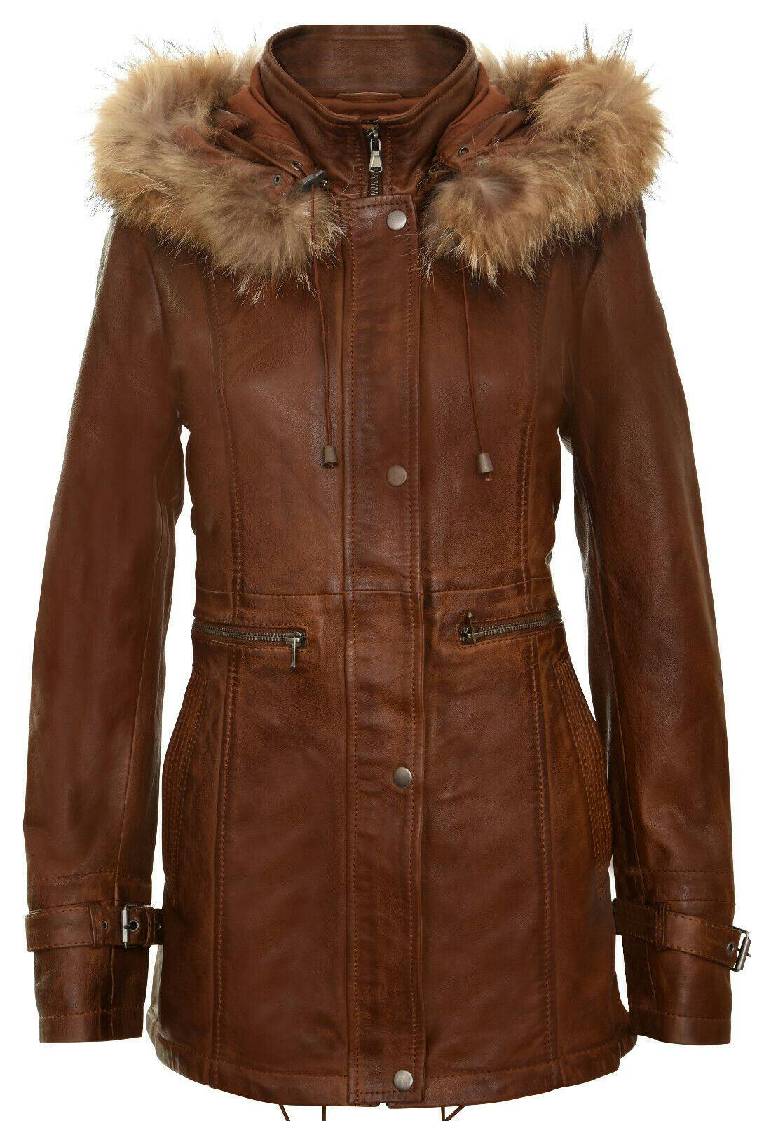 Infinity Leather Women's Warm Leather Hooded Parka Jacket-Northwich - Tan - Uk Xs/8 | Eu 34 | Us 4