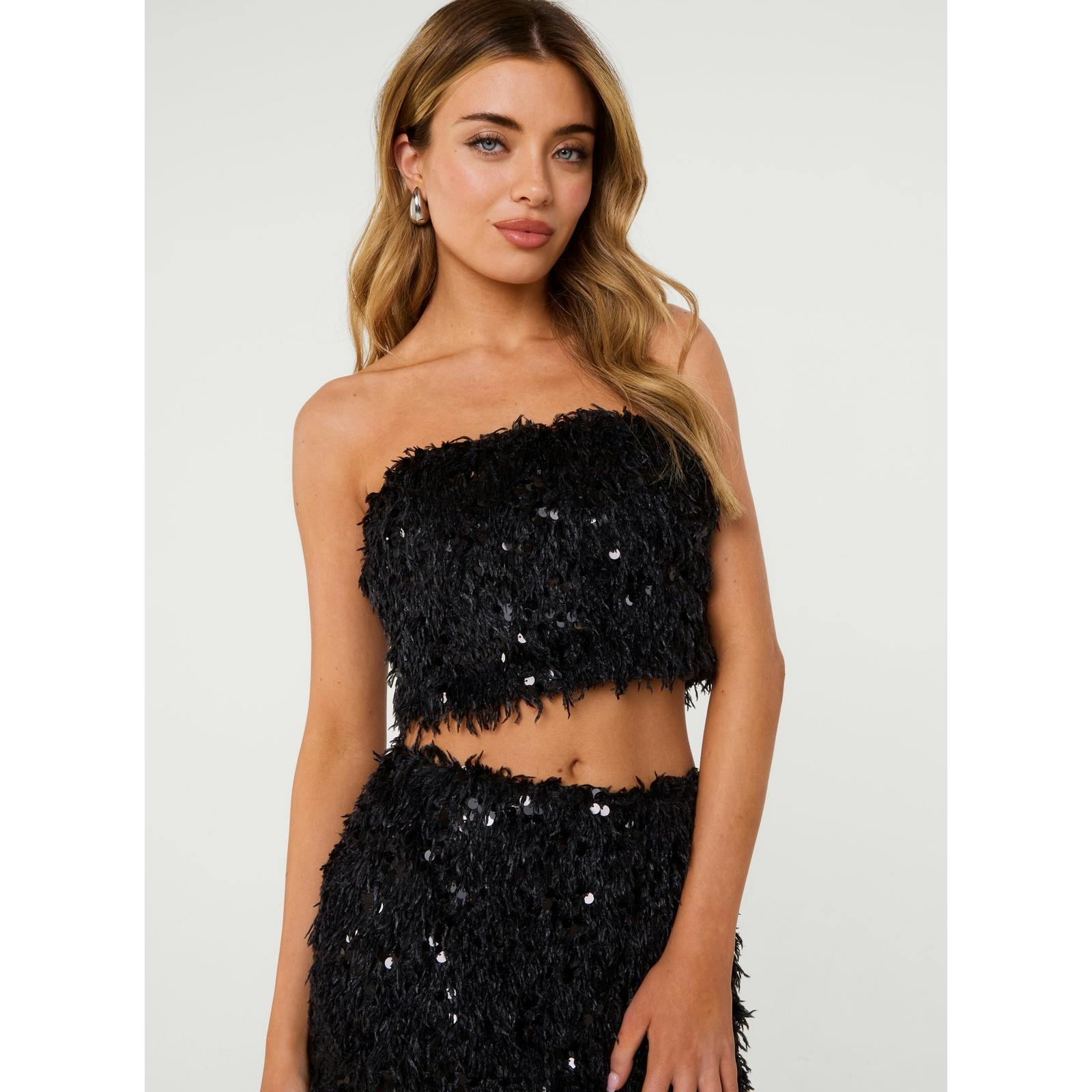 Pink Vanilla Pink/Black Vanilla Feather Sequin Bandeau Top - S