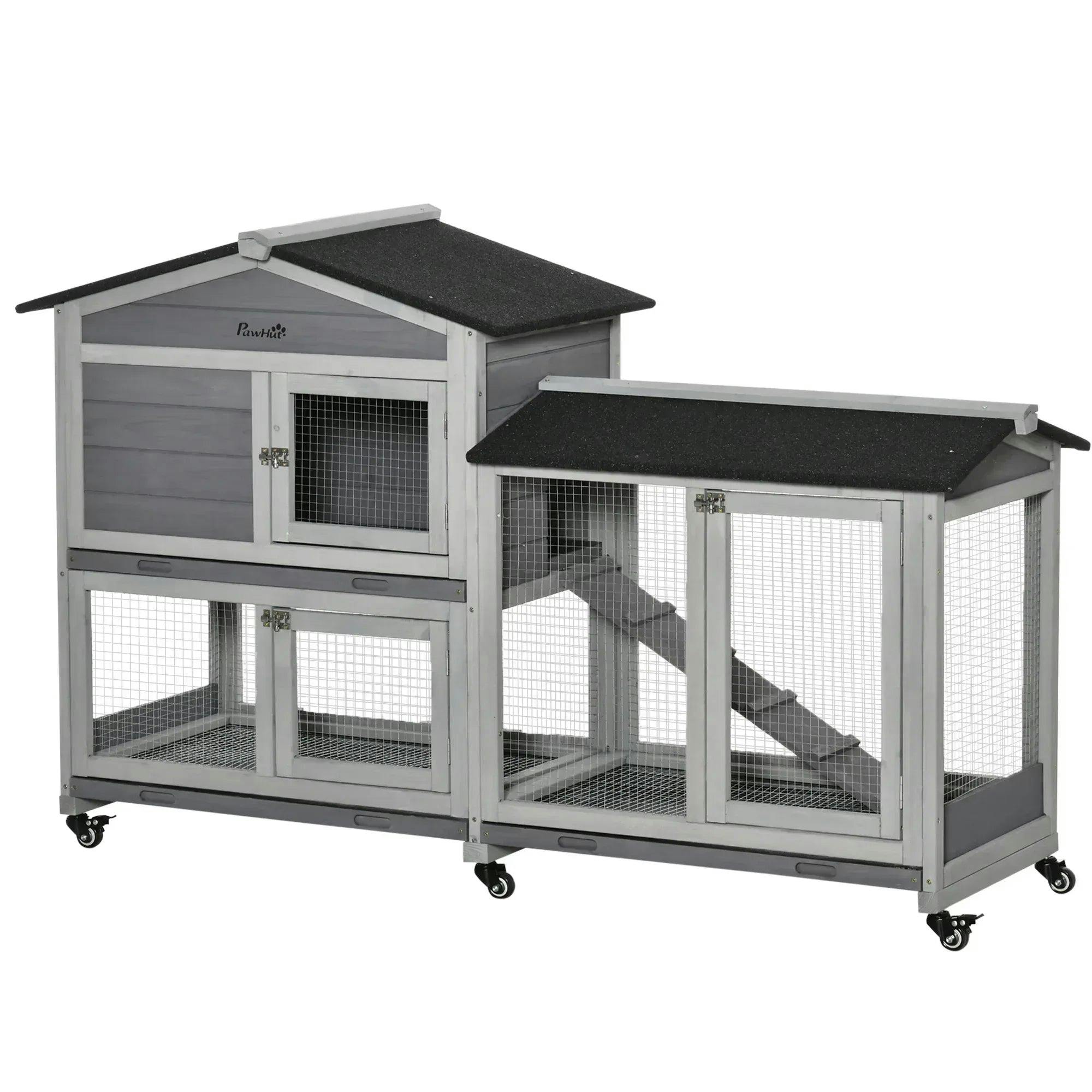 Pawhut Light/Grey Wooden Rabbit Hutch Guinea Pig Cage W/ Wheels, Run, Ramp, - Image 7