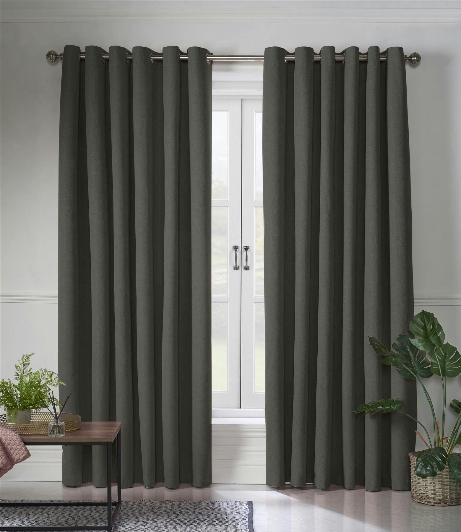 Rackhams Light/Black Linen Look Ring Top Blackout Curtains - Charcoal - 110Cm Width X 229Cm Drop