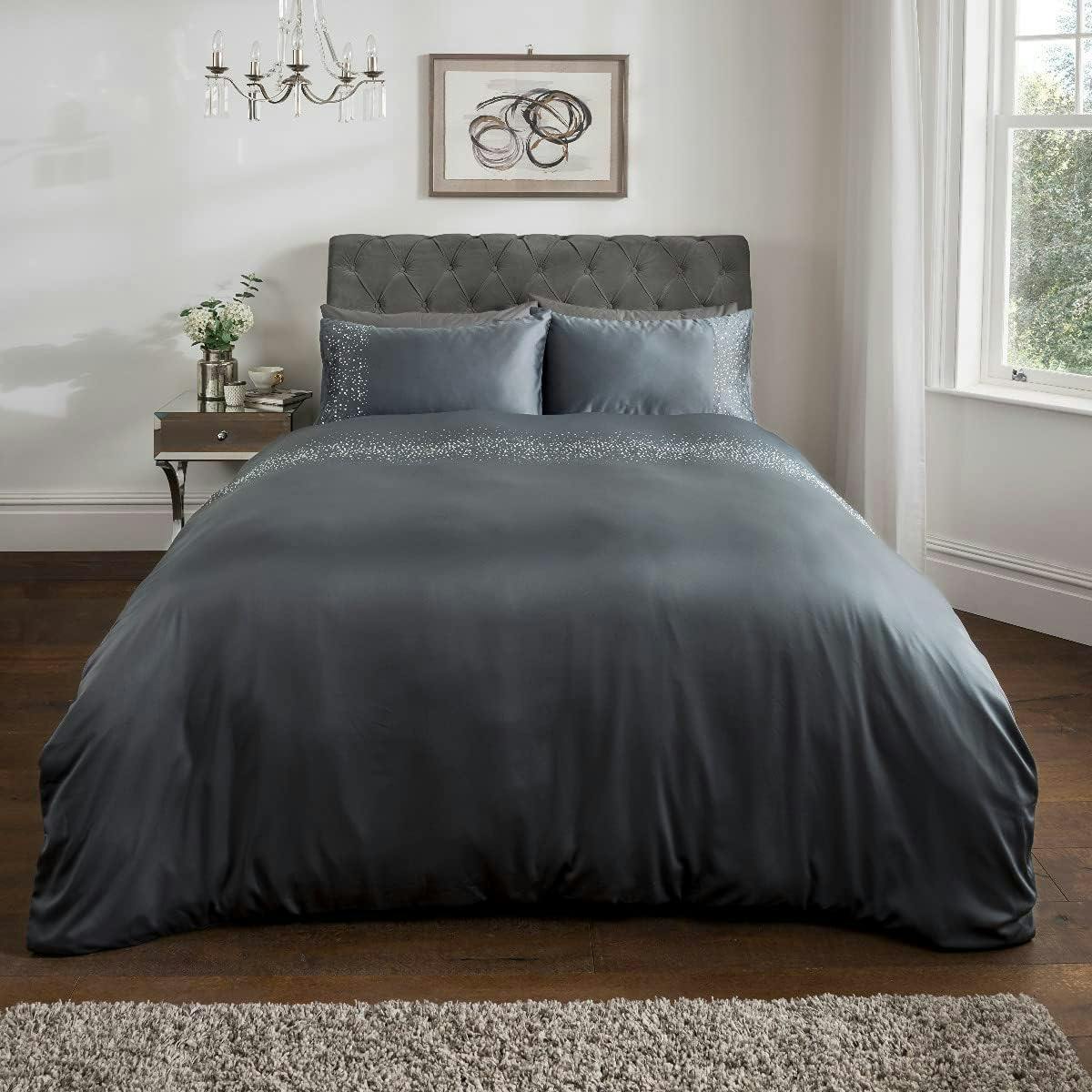 Smart Living Green Luxury Hotel Quality Diamonte Embellished Duvet Cover With Pillowcases - Charcoal - Double (200Cm X 200Cm)