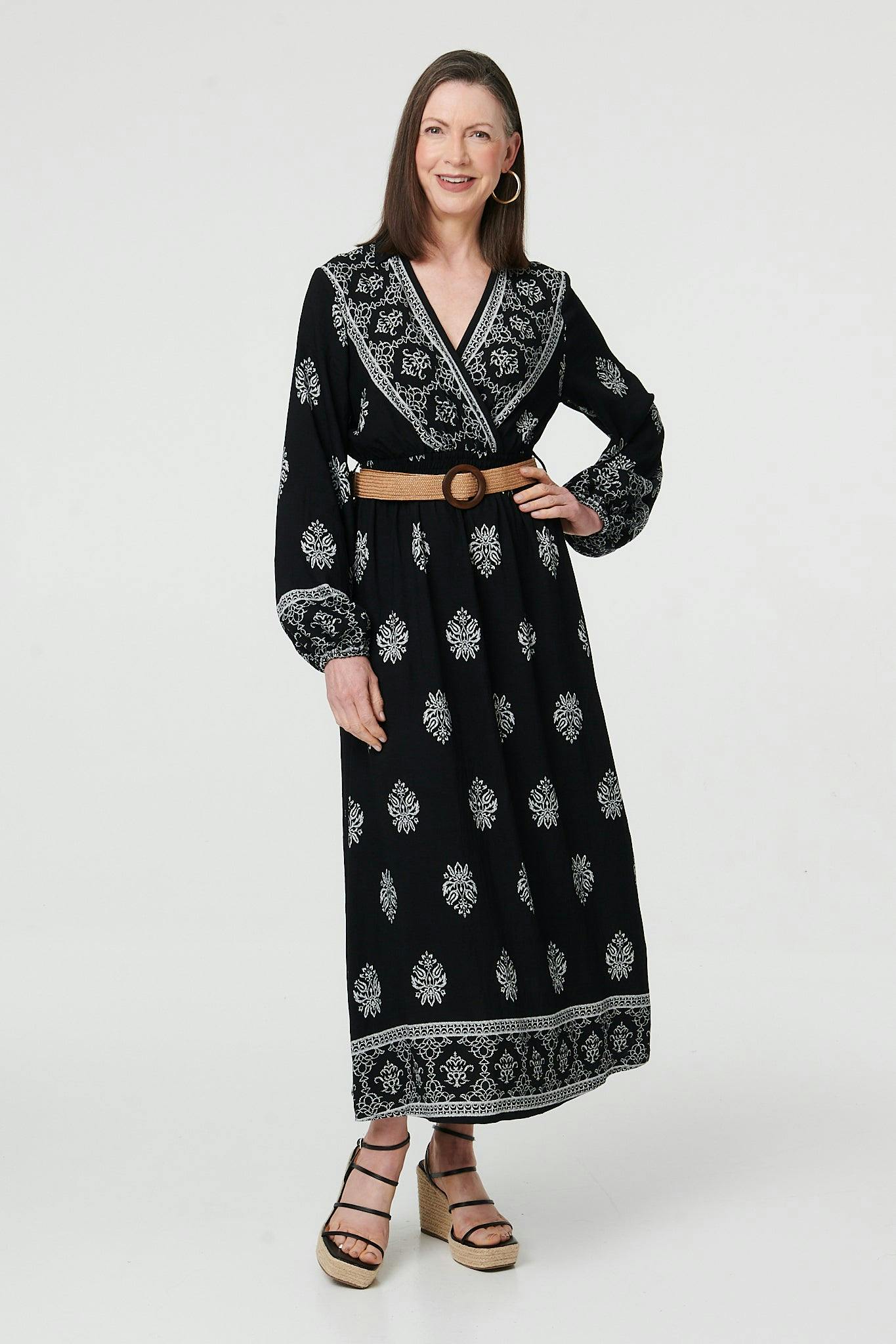 Izabel London Black Border Print Belt Waist Maxi Dress - 12