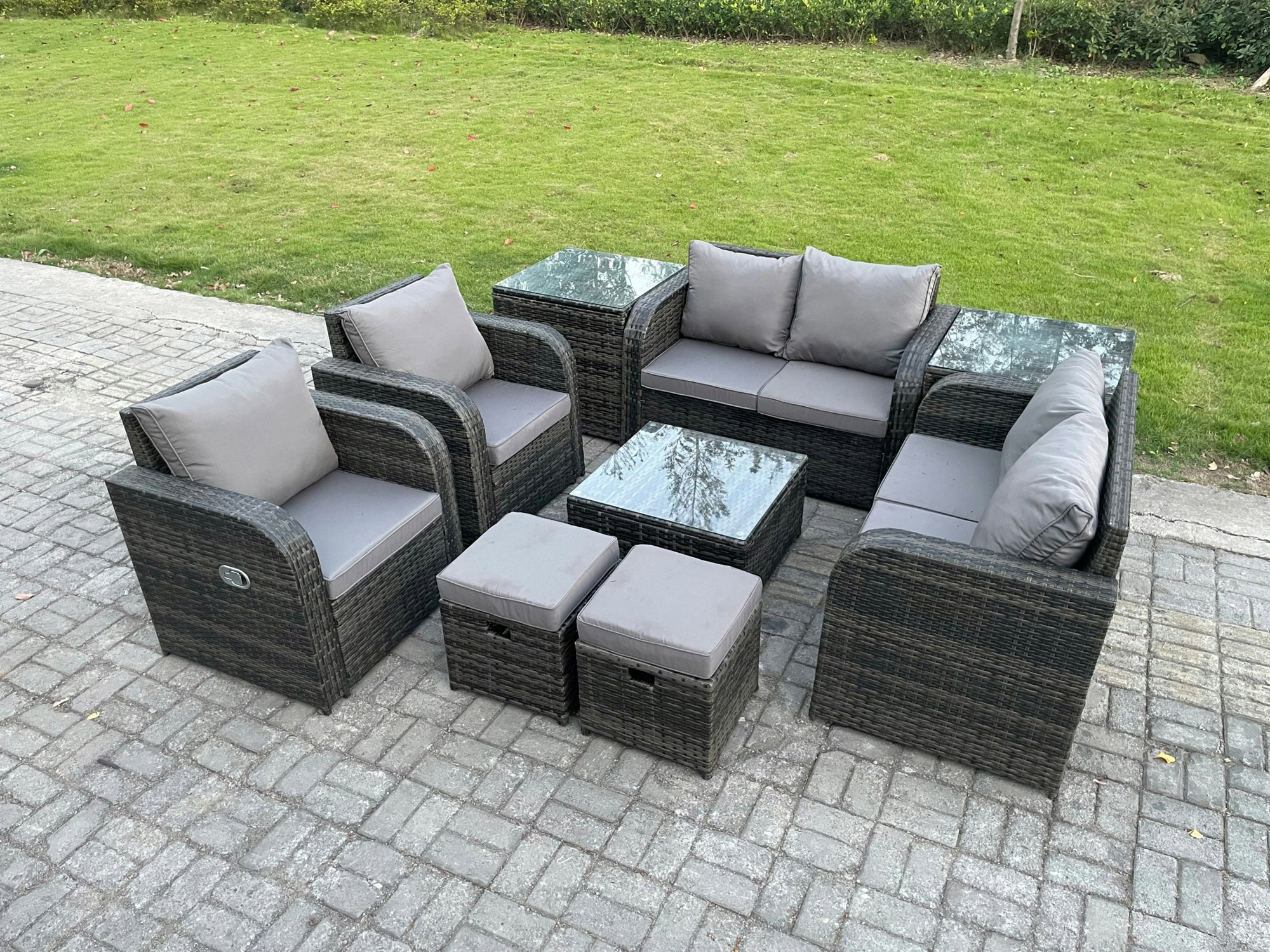 Rackhams Dark/Grey Garden Furniture Set Rattan Outdoor Lounge Sofa Chair With Tempered Glass Table 2 Small Footstools 2 Side Tables Mixed