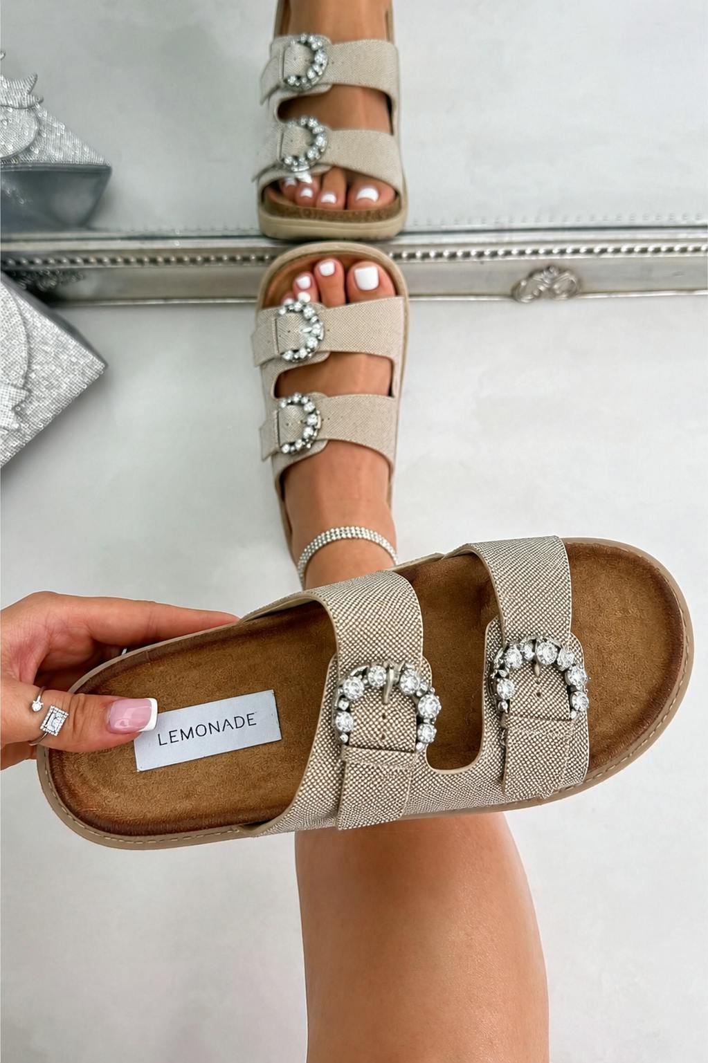 Love Lemonade Women's Light Sparkly Mila Double Buckle Chunky Platform Sliders Nude - Uk 3