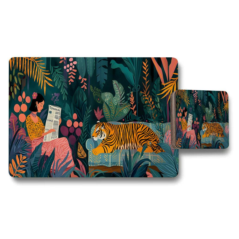 Benjamin Tate Design Coral/Orange Jungle Tiger Placemats And Coasters Set With Woman Reading In Forest