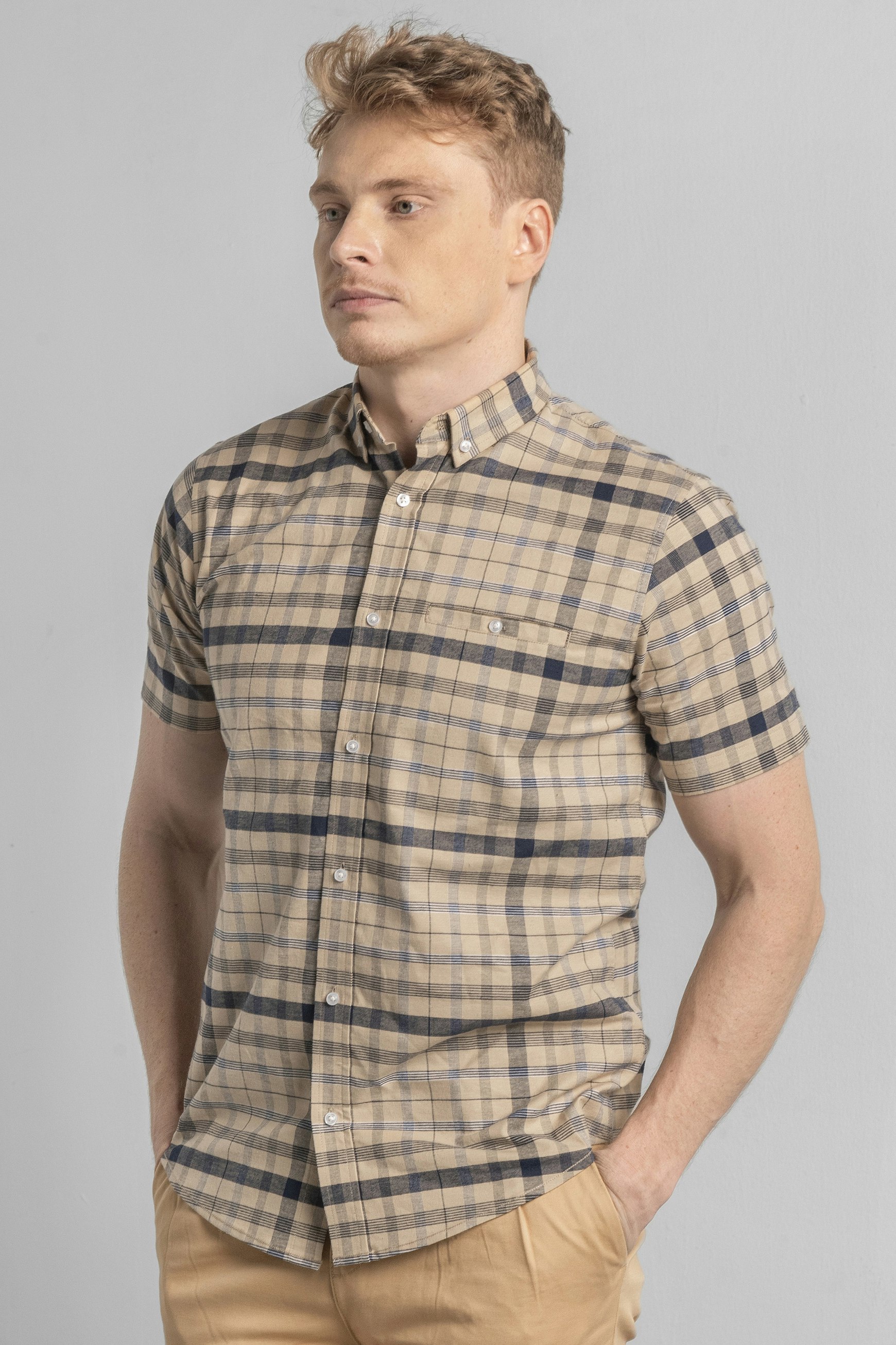 Enorsia Men's Cream Button Down Ss Oxford Shirt - S - 97% Cotton, 3% Spandex