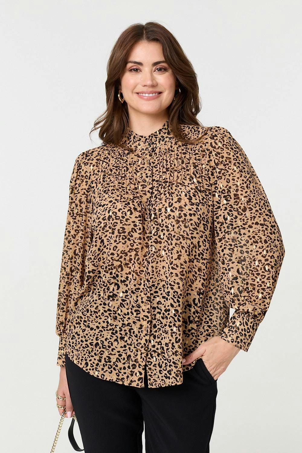 Izabel London Beige Animal Print High Neck Loose Fit Blouse - 8