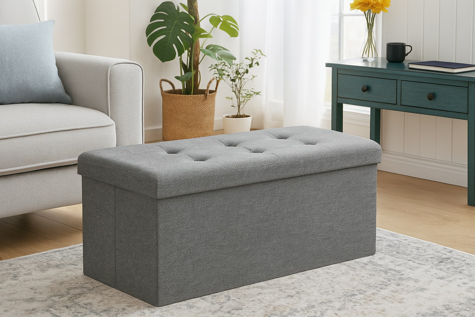 Rackhams Grey Linen Storage Ottoman - 76Cm X 38Cm Foldable