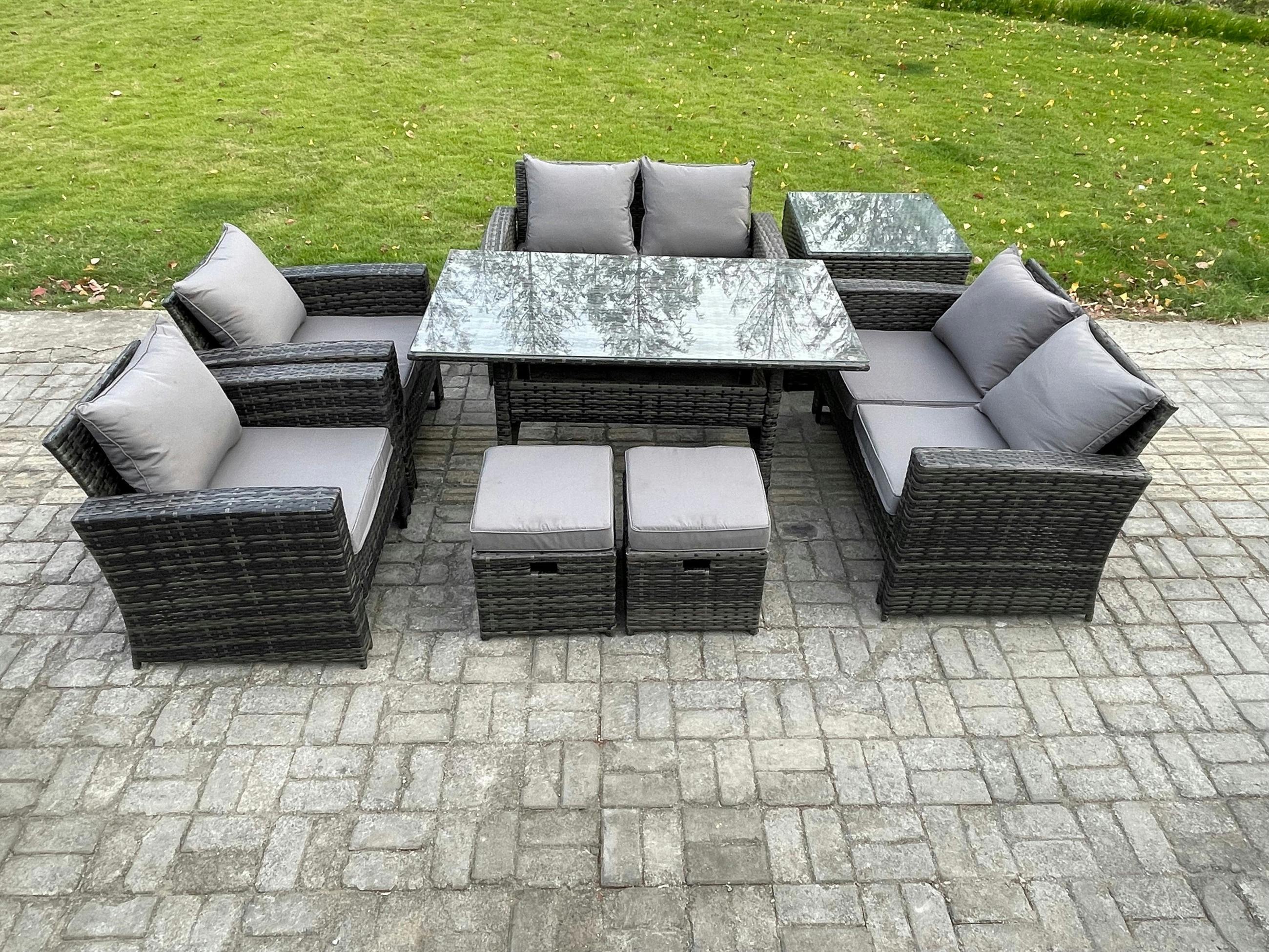 Fimous Dark/Grey 8 Seater Rattan Garden Set, Patio Outdoor Lounge Sofa, Oblong Dining Table, Double Seat Sofa, Side Table And 2 Small Footstools,