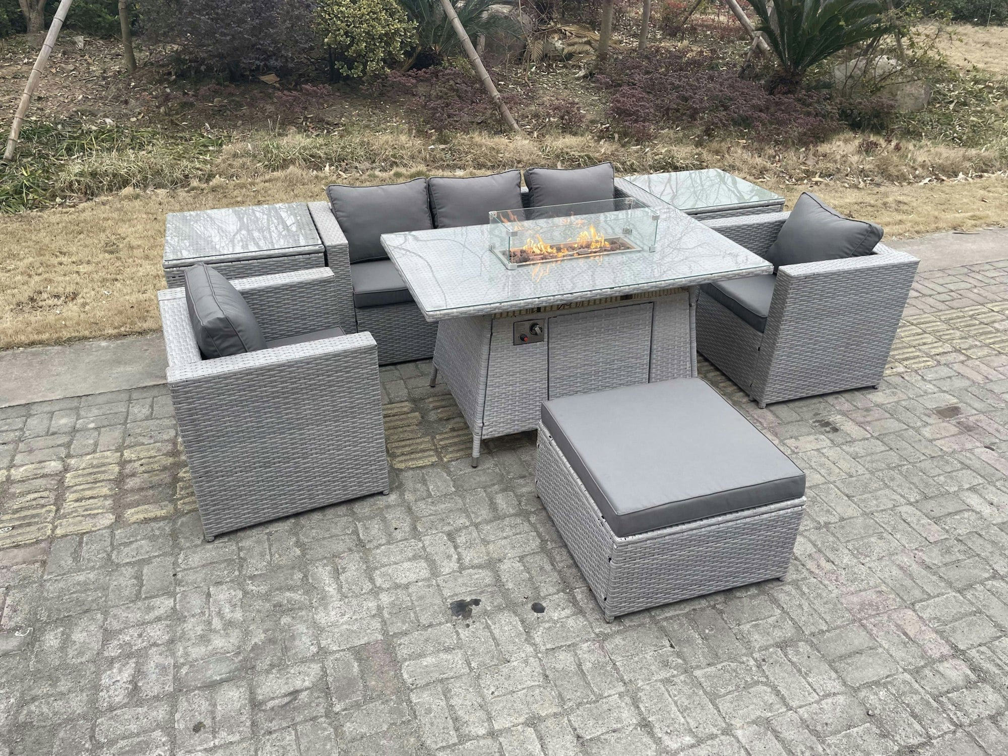Fimous Light/Grey/Dark Rattan Garden Furniture Set Gas Fire Pit Lounge Sofa Chair Dining Set With 2 Side Table And 2 Pc Arm Chair Footstool