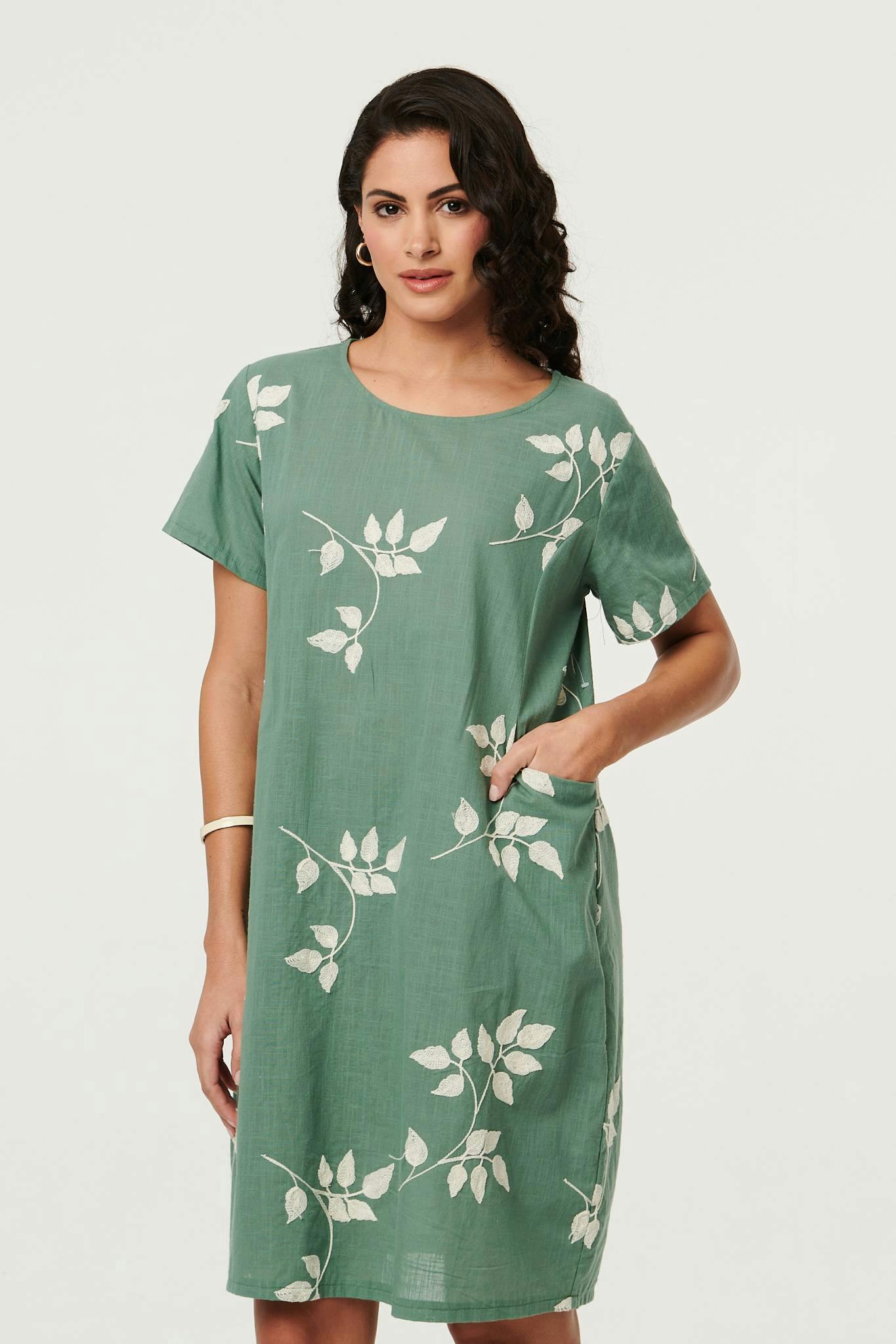 Izabel London Green Leaf Print Relaxed Knee Length Dress - 16