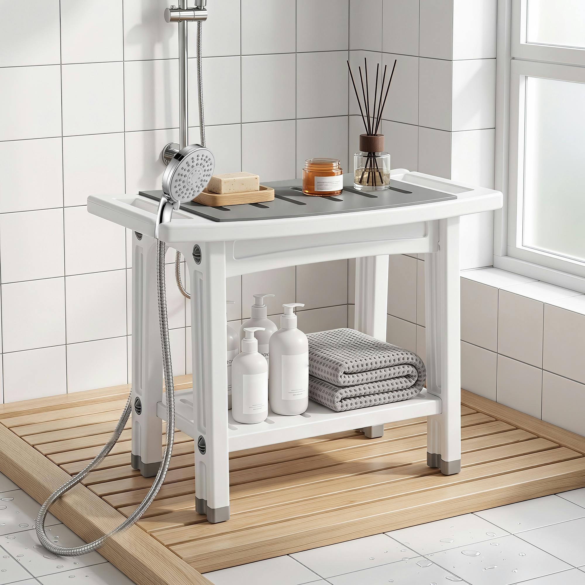 Homcom Unisex White 2-Tier Shower Bench With Shelf 4 Legs And Grey - Image 9