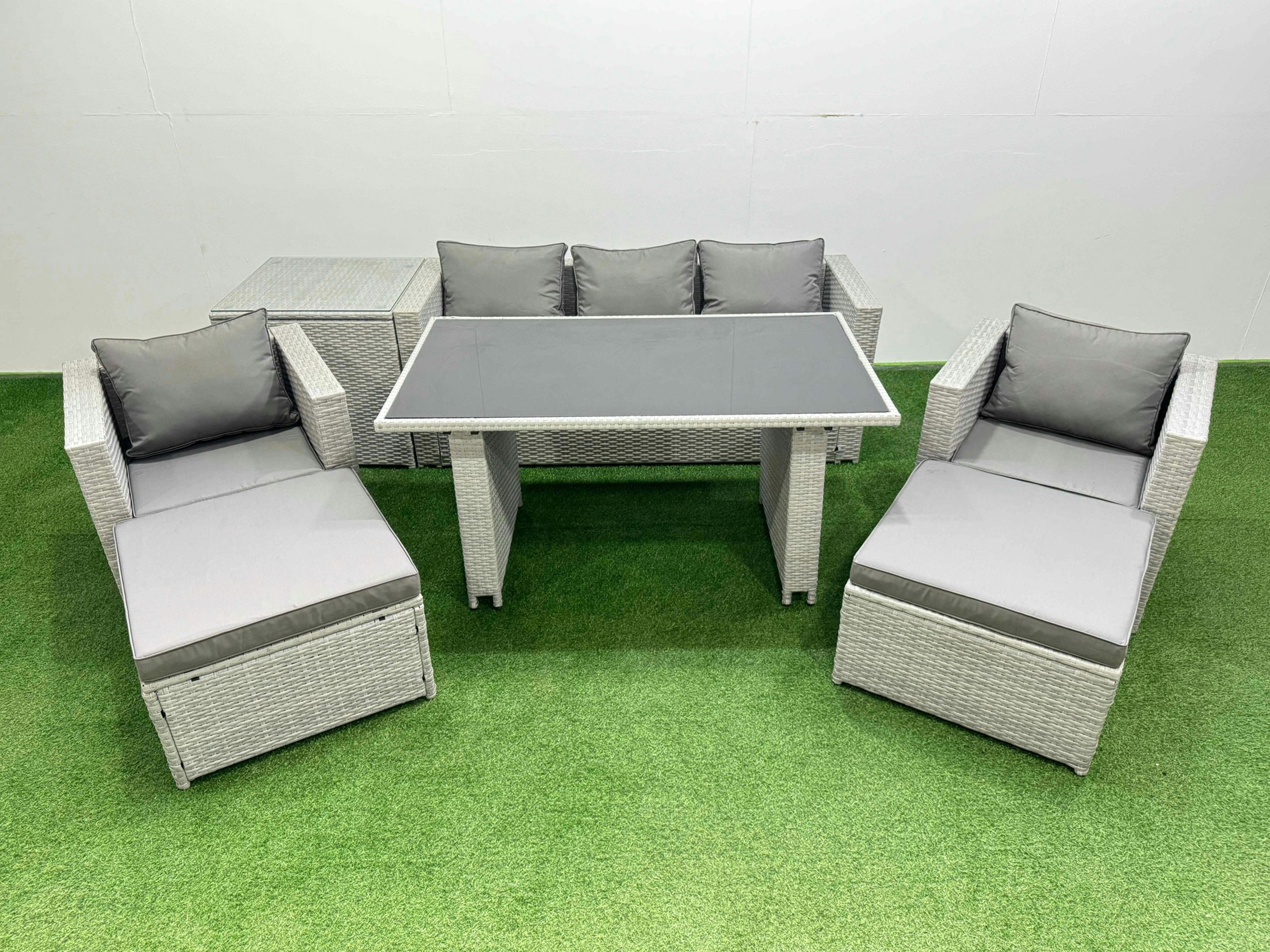 Rackhams Black/Light/Grey Patio Garden Furniture Sets With Glass Top Dining Table Armchair 3 Seater Sofa Side Table 2 Big Stool