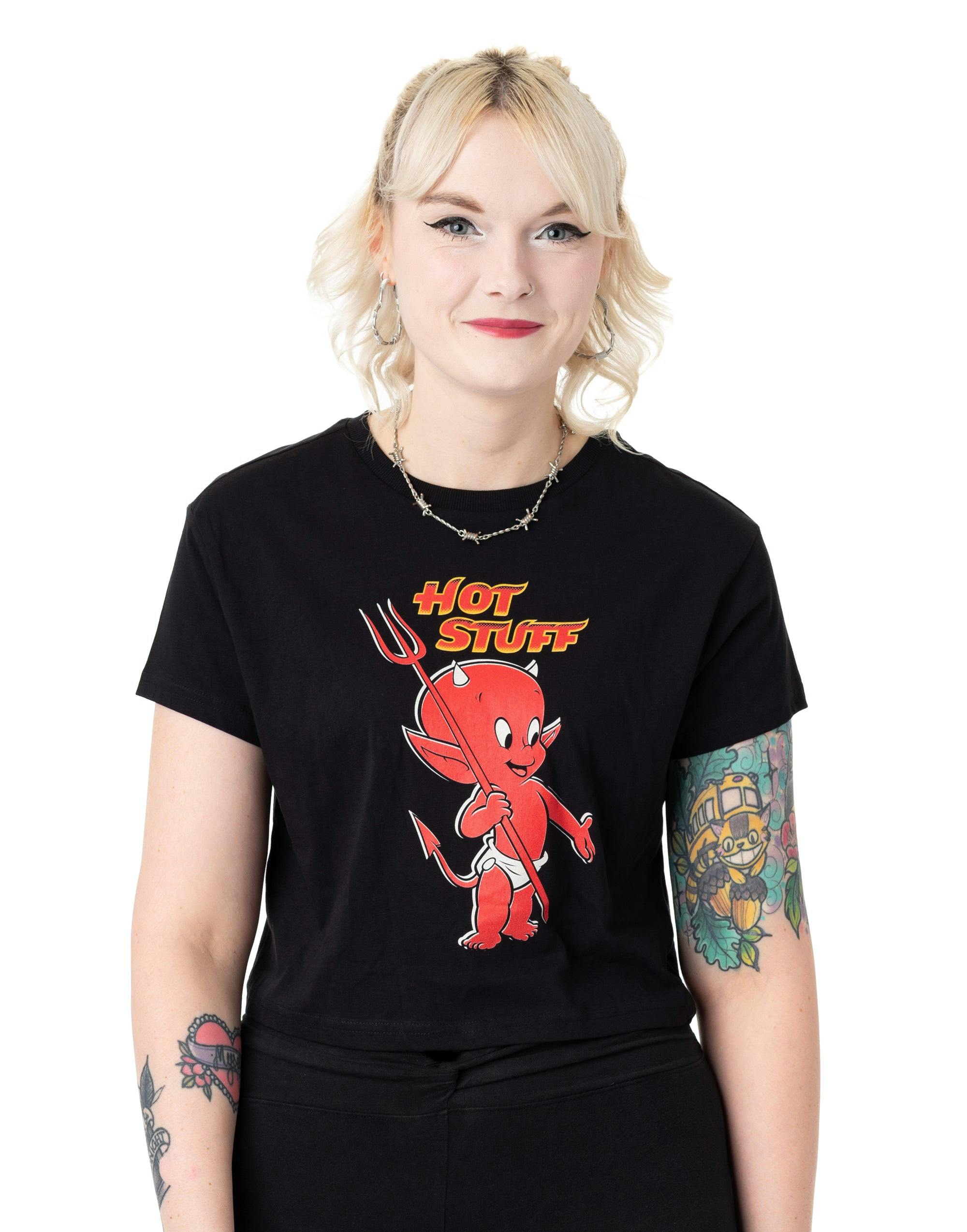 Vanilla Underground Women's Black Hot Stuff Hot Stuff Crop Cropped Short Sleeved T-Shirt - Medium