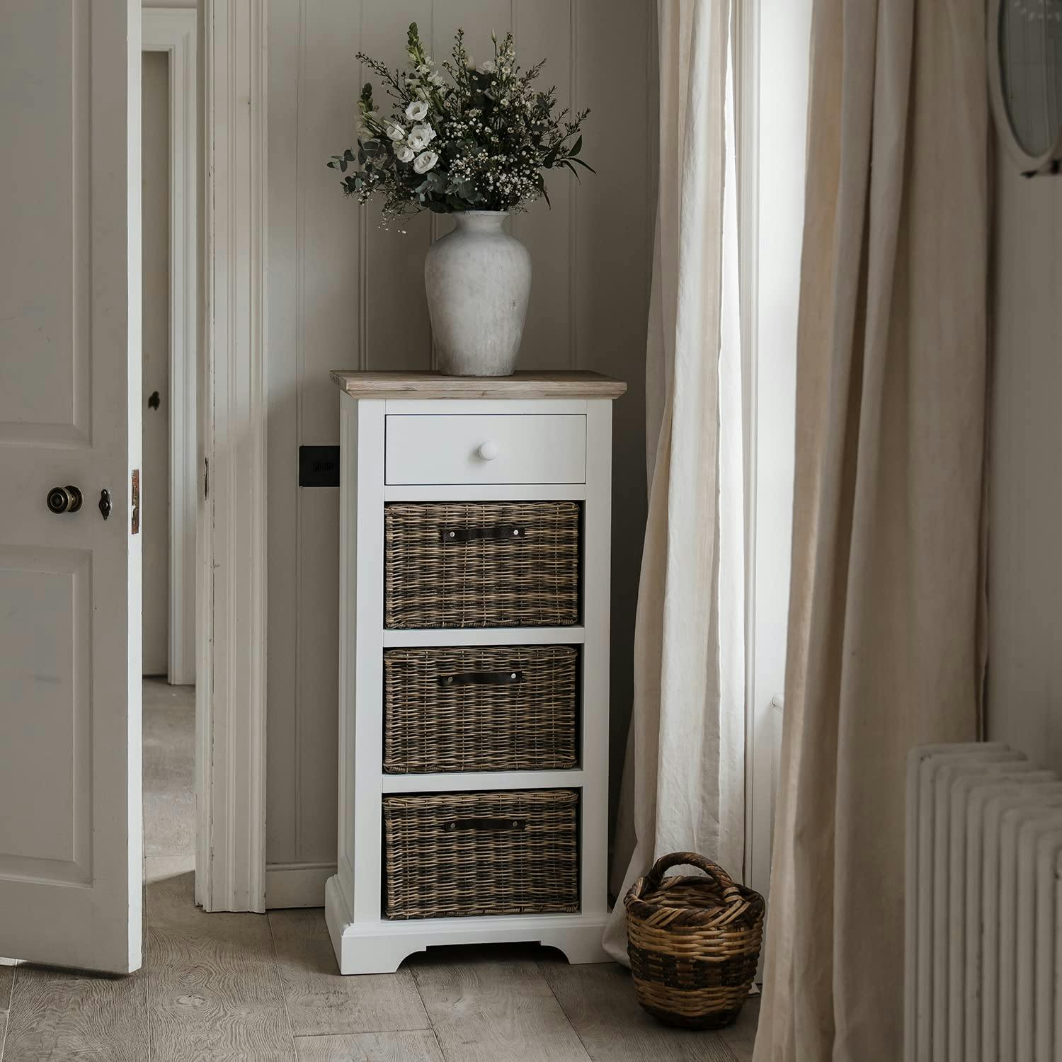 Rackhams White Florence Tallboy With Drawer And 3 Storage Baskets