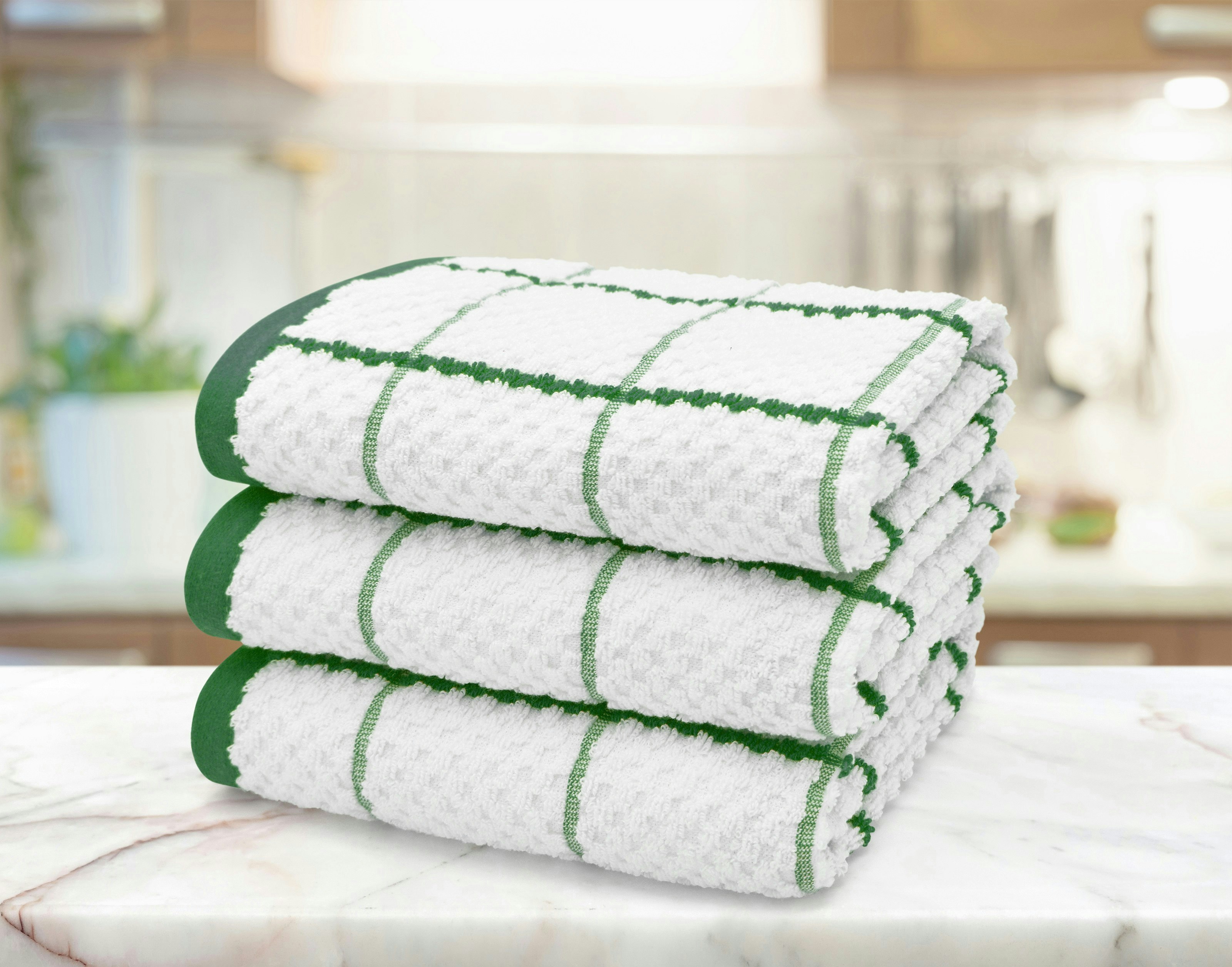 Rackhams Embroiderd Woven Checked Cotton Tea Towel 3 Pack - Emerald - One Size