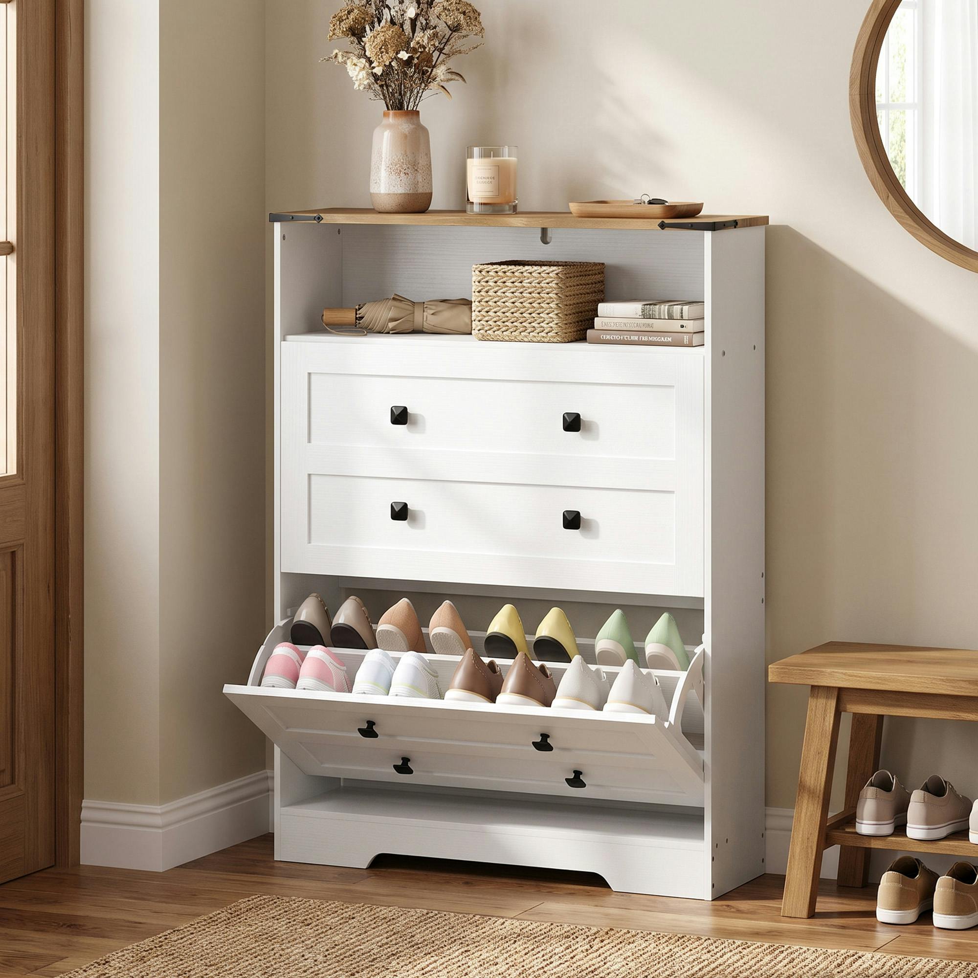 Photos - Hallway Furniture HOMCOM Rackhams Narrow Shoe Cabinet, Shoe Storage Cabinet with 2 Flip Drawers, White 