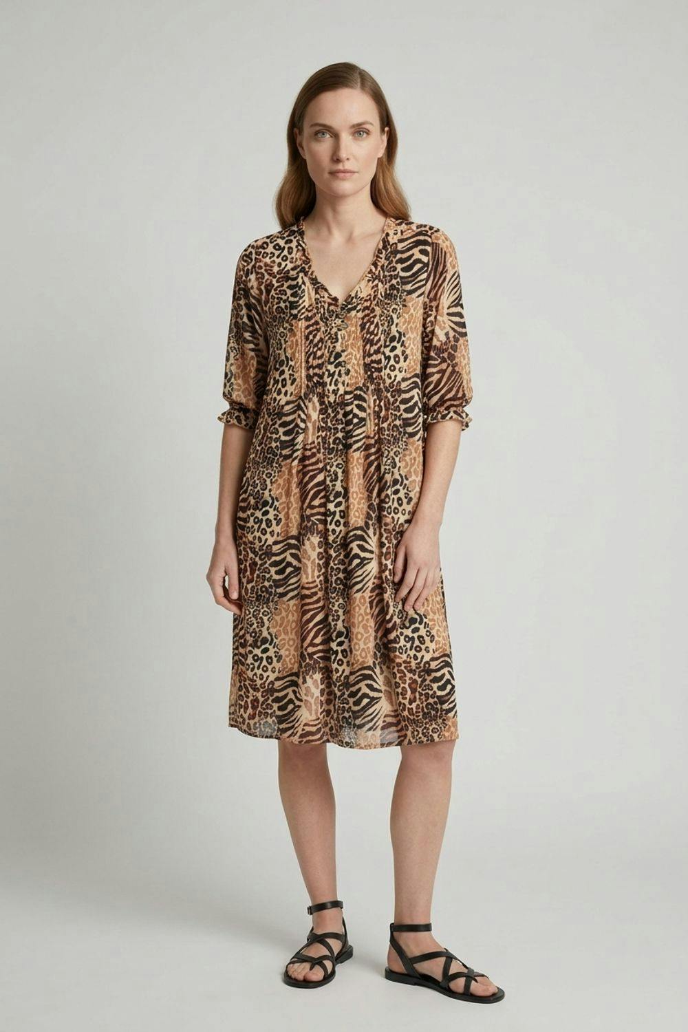 Izabel London Brown Animal Print 3/4 Sleeve Midi Smock Dress - 8