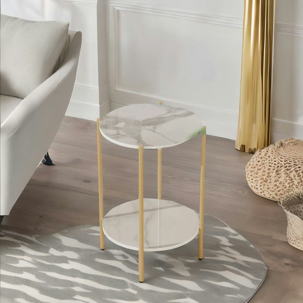 Rackhams White 2 Tier Round Faux Marble Side Table With Metal Legs