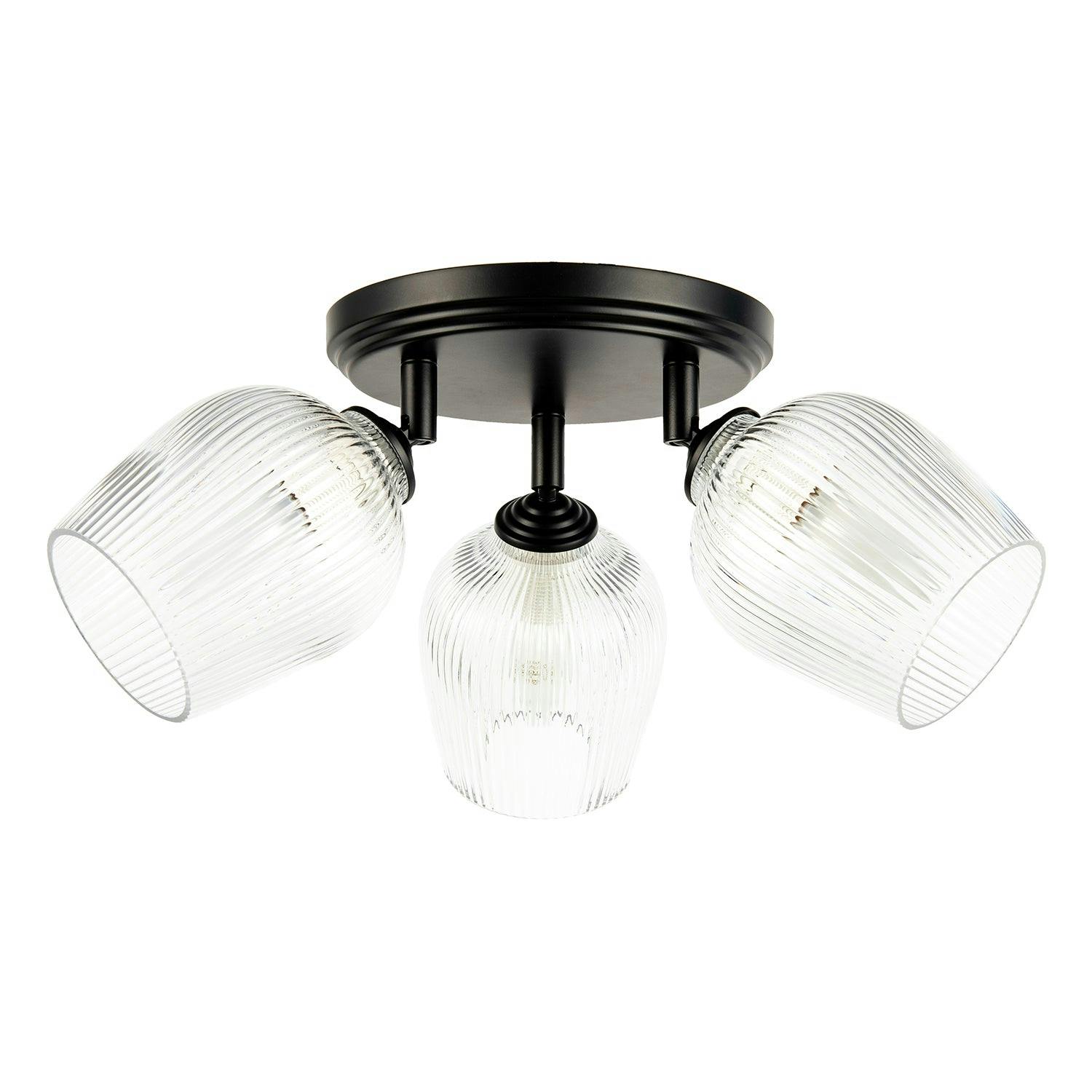 Rackhams Black/Light Matte Triple Spot Ceiling With Clear Ribbed Glass Shades