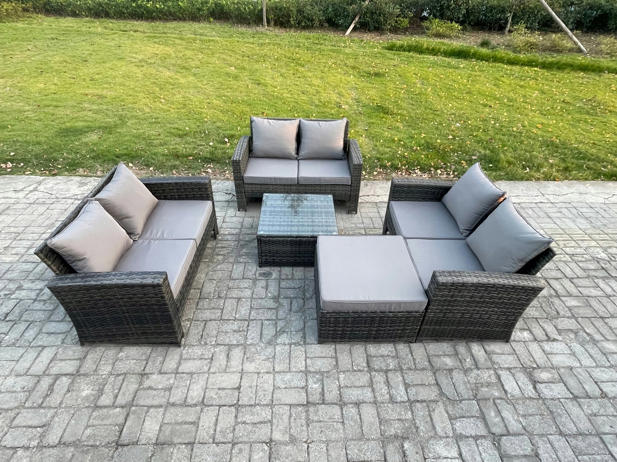 Rackhams Dark/Grey 7 Seater Rattan Wicker Garden Furniture Patio Conservatory Sofa Set With Square Coffee Table Double Seat Sofa Big Footstool