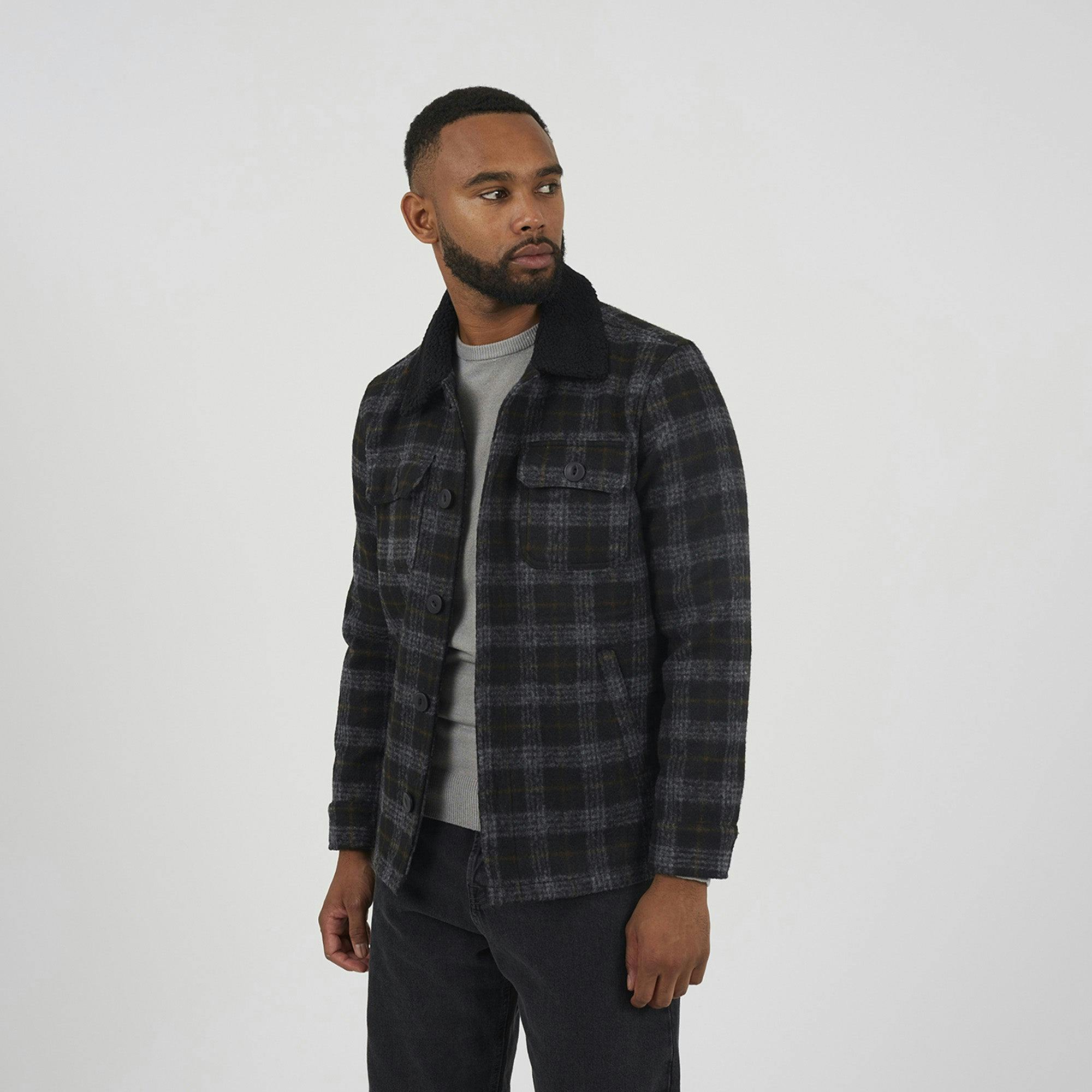 Brave Soul Black Checked Jacket With Sherpa Collar - S