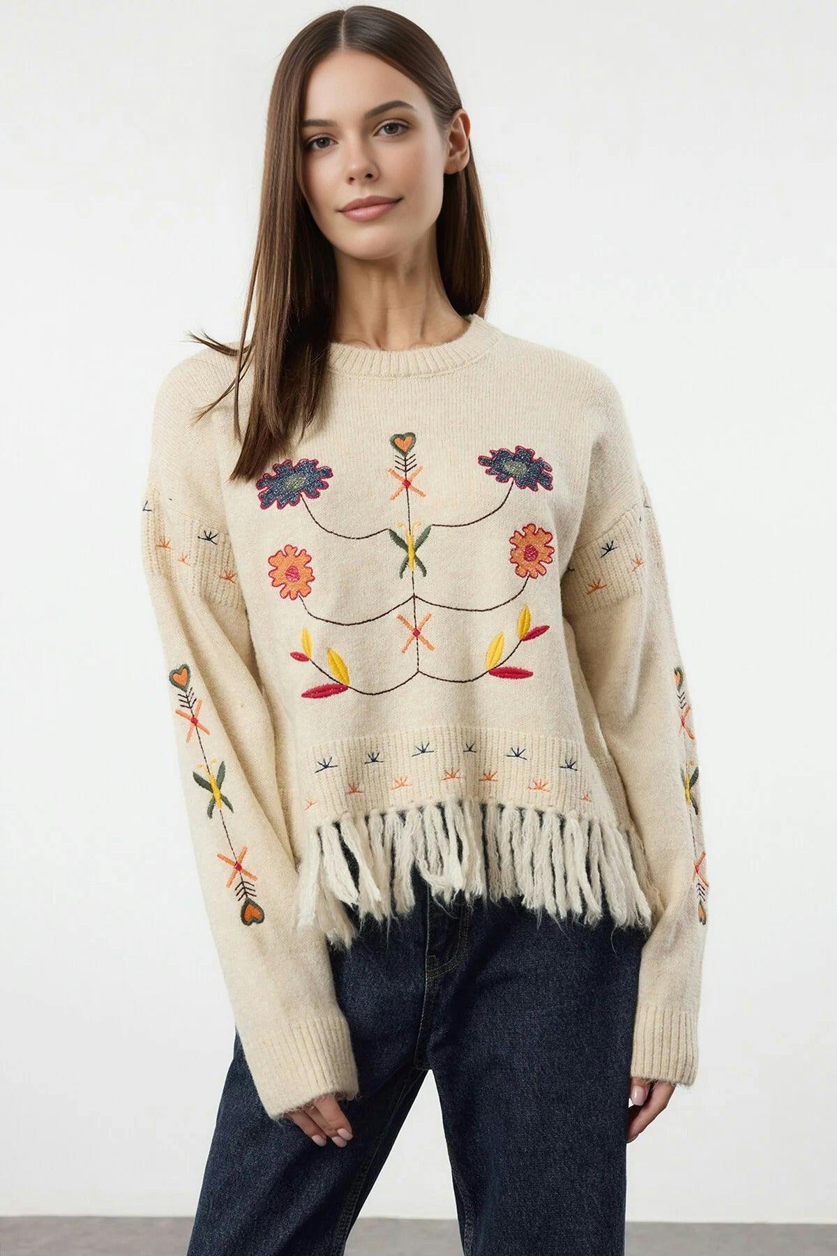 Wovcor Soft Textured Tassel Embroidered Knit Sweater - Ecru - S