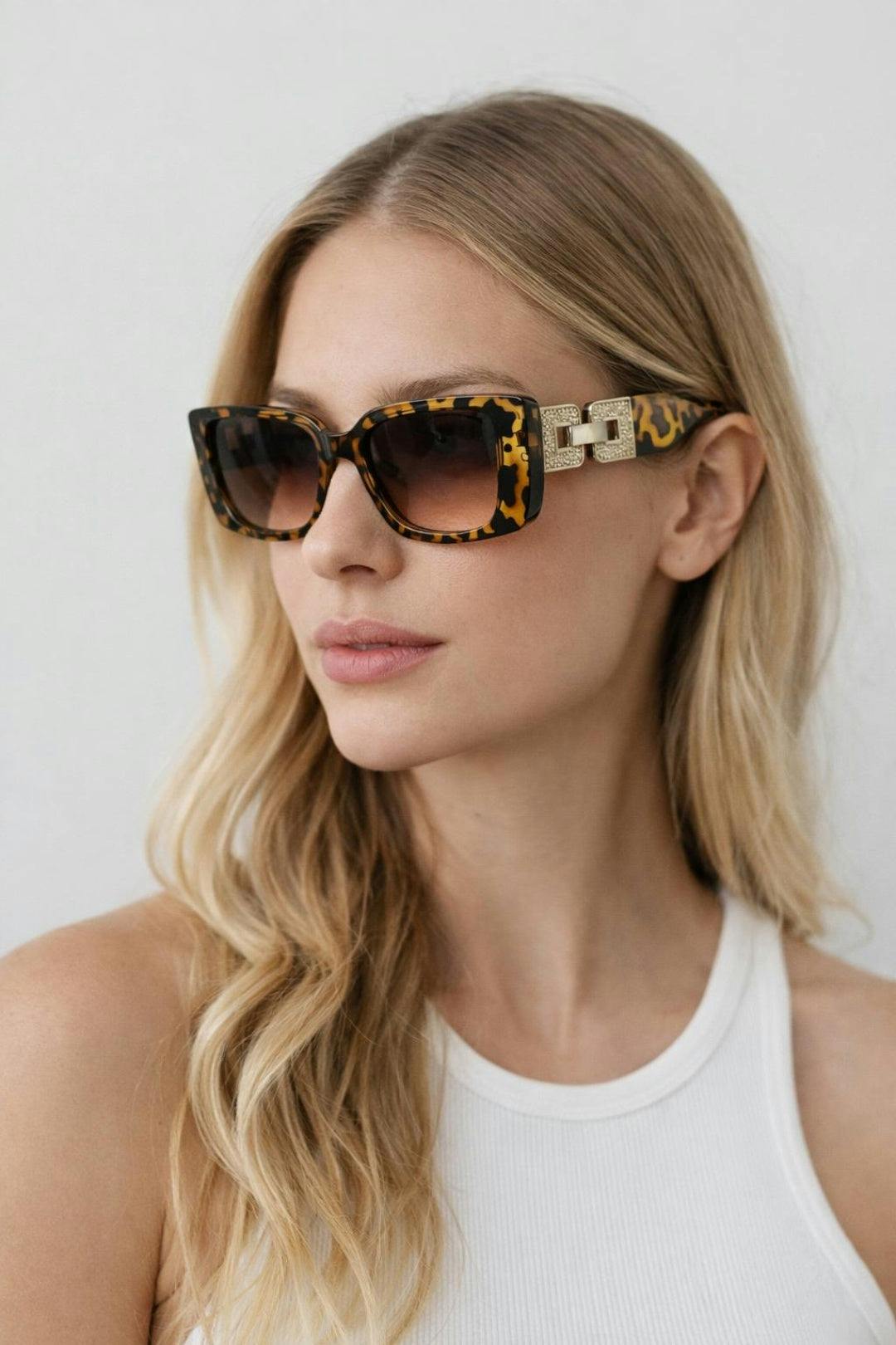 Svnx Gold/Brown Rectangle Cateye Side Detail Sunglasses In Leopard - Tortoiseshell - One Szie