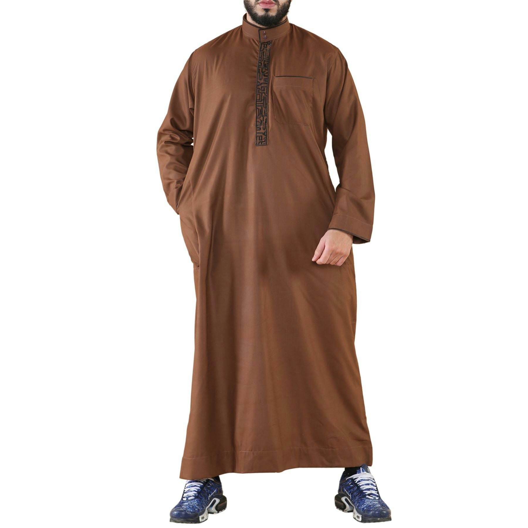 Thobez Men's Brown Thobe Jubba Nehru Islamic Clothing Muslim Cotton Kaftan Embroidery Eid Robe - 2XL