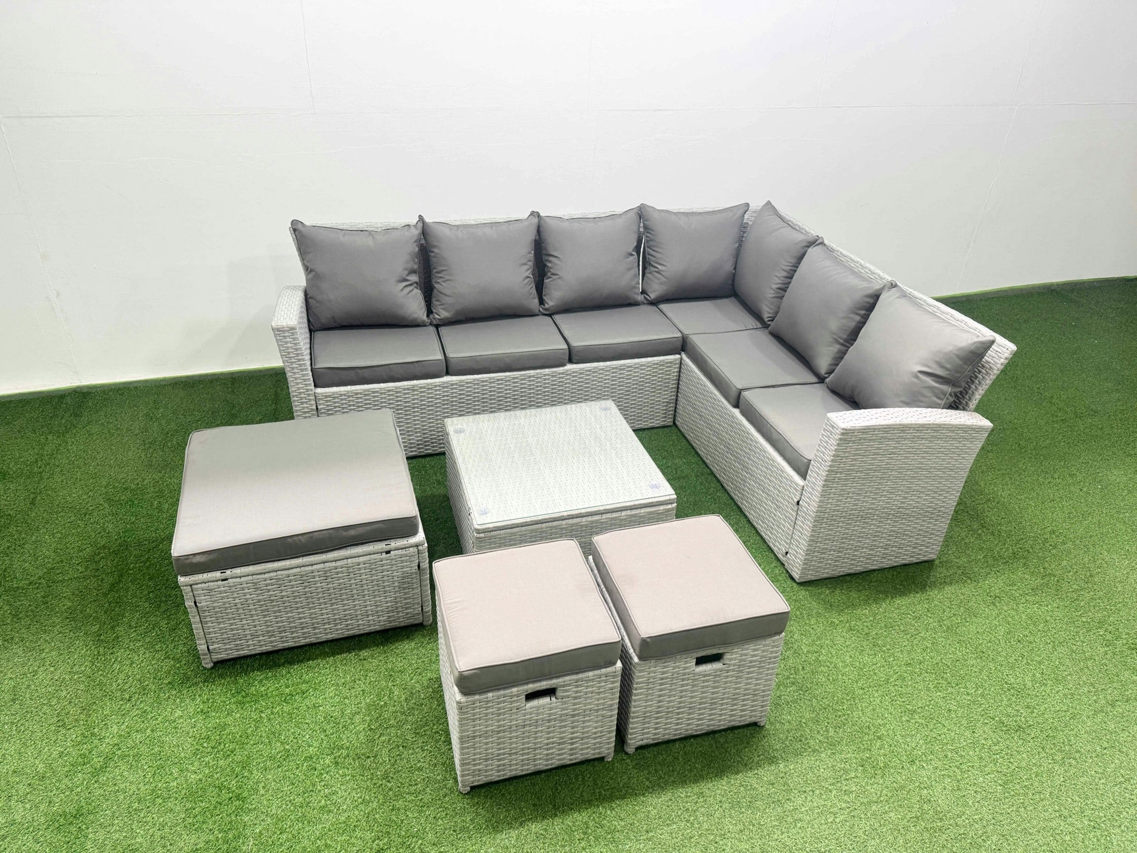 Fimous Light/Grey Garden Outdoor Pe Rattan Furniture Set 9 Seater Rattan Garden Sofa Set With Square Coffee Table Mixed