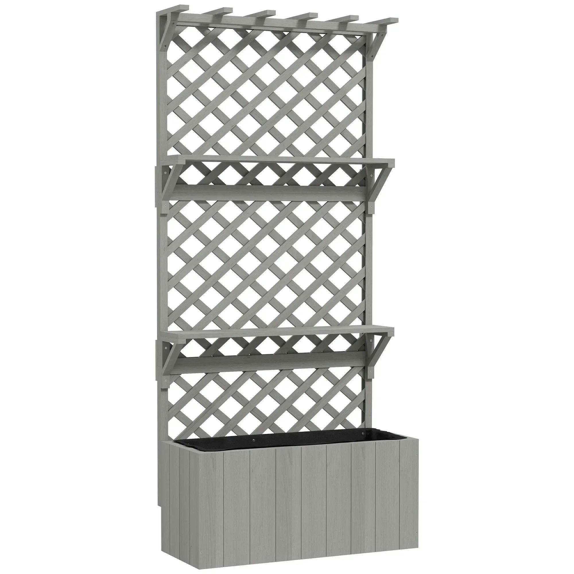 Outsunny Unisex Grey 52L Wooden Raised Bed Planter With Trellis And 2 Shelves, - Image 4